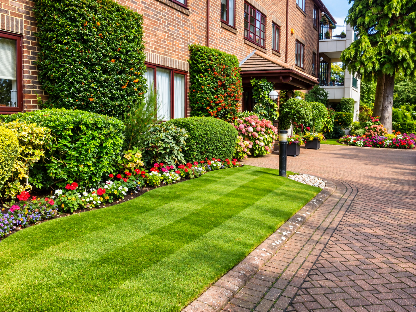 Sunlit Brick Apartment Garden Entrance.png