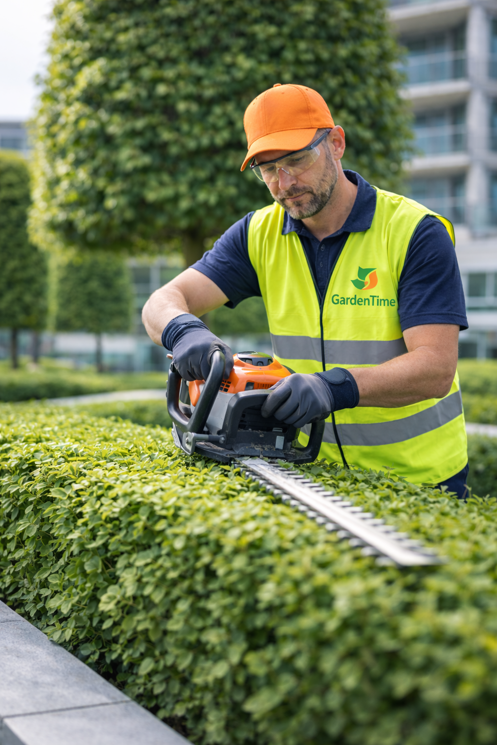 Cut lawn and hedges in a communal garden