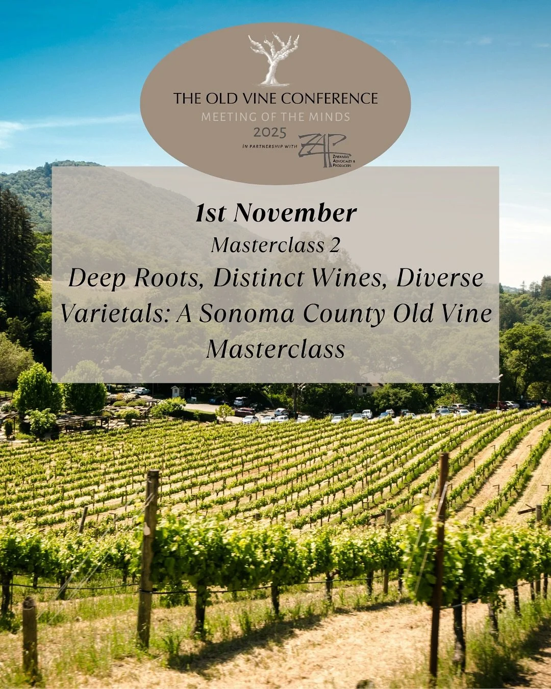 🌿 1st November, 5.20pm PDT , Hyatt Regency, Santa Rosa

Masterclass hosted by @sonomacountywinegrowers 

Deep Roots, Distinct Wines, Diverse Varietals 🍇🌎
Planted as early as 1812, Sonoma County&rsquo;s old vines continue to shape wines of depth, c