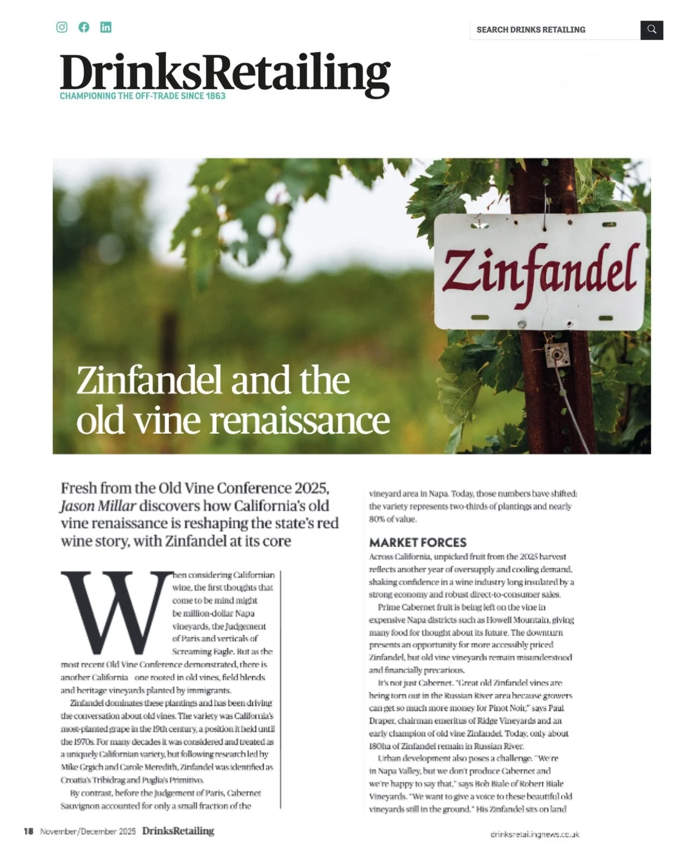Thank you @jasonmillar for this in-depth feature in @drinksretailing Retailing. It captures how California&rsquo;s old vine renaissance is being shaped not by nostalgia, but by resilience, site expression, and long-term thinking.

Drawing on insights