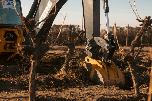 Vines being dug up at Luca Wines with a mechanical excavator