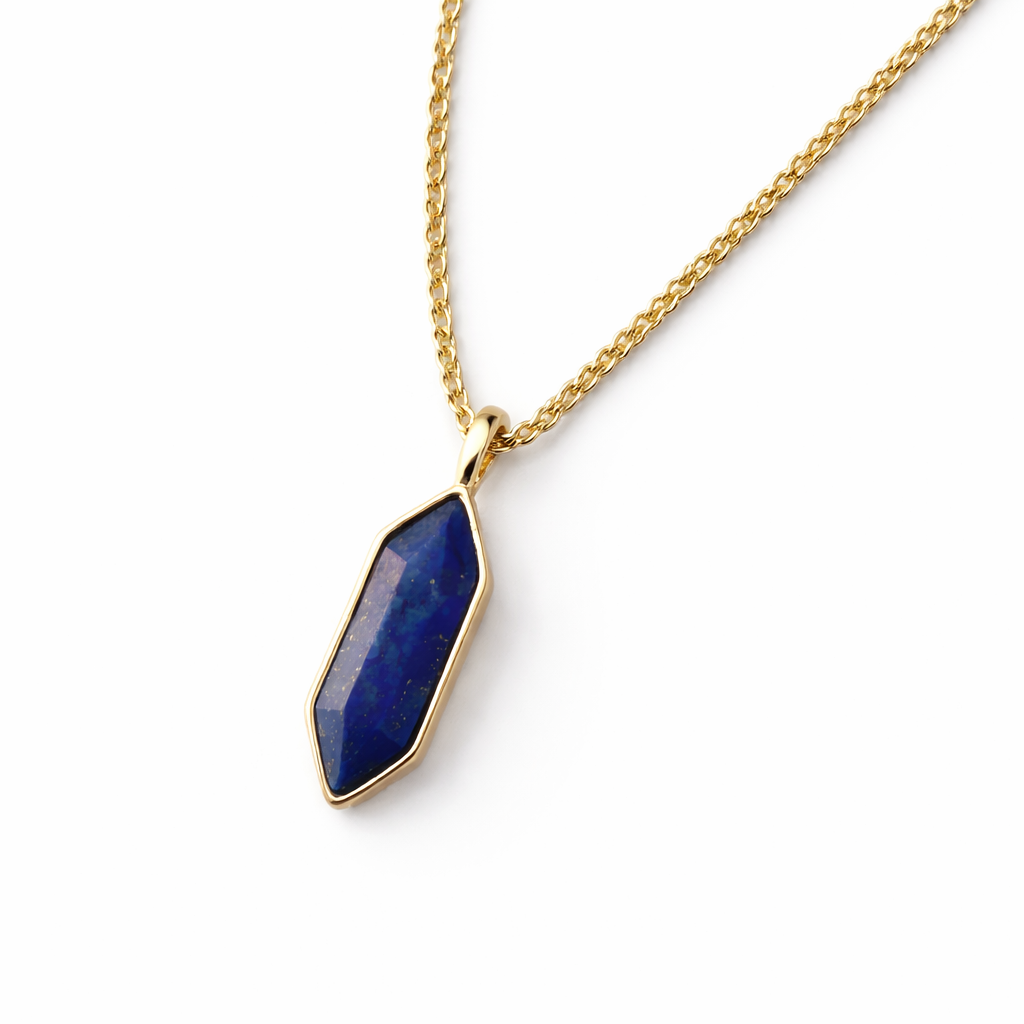 18K gold filled lapis hexagon pendant necklace on twisted rope chain on white background