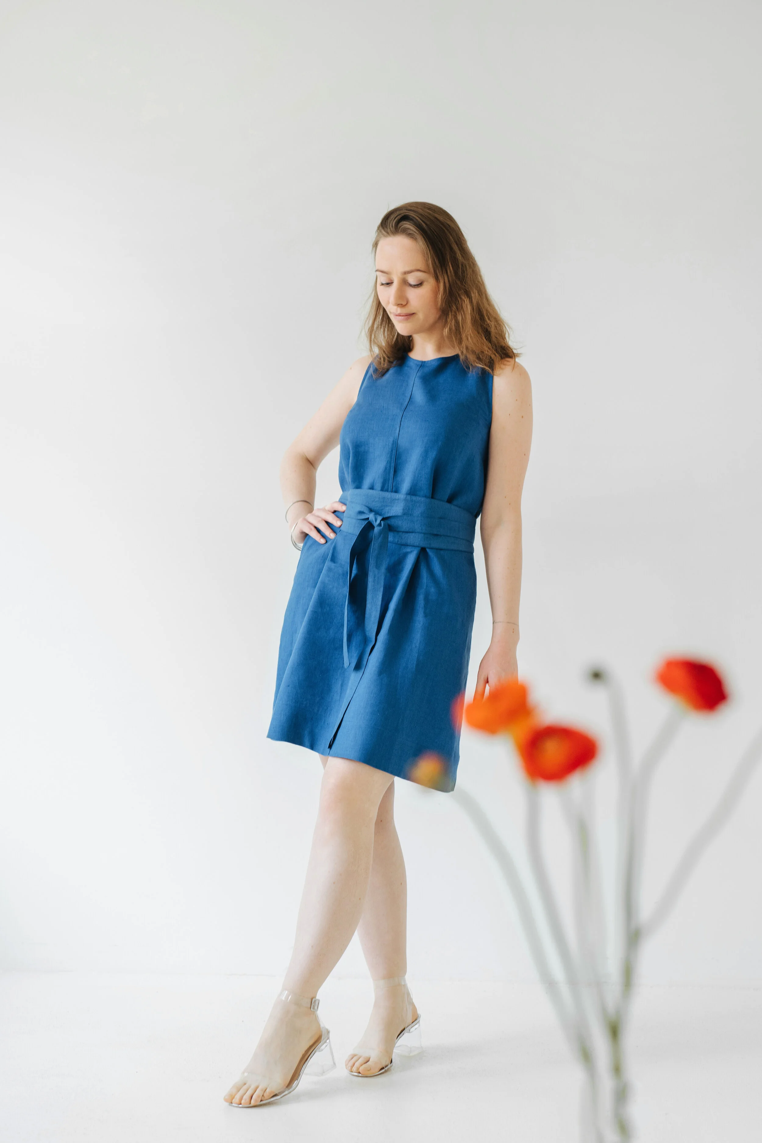 knee length dresses for ladies Floral Linen Trapeze Dress main image 0