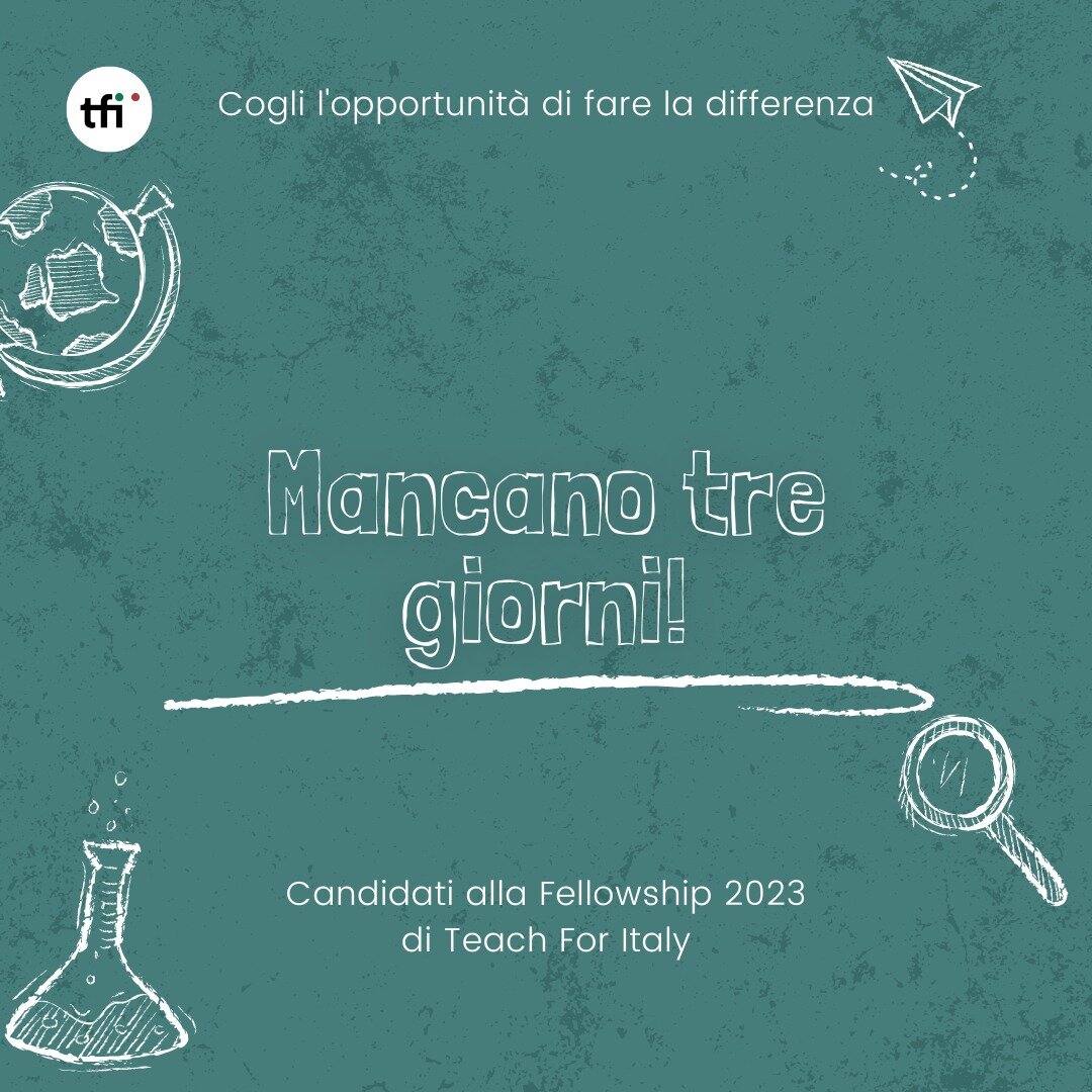 ATTENZIONE!! Mancano tre giorni al termine delle candidature!🚨🚨🚨

Unisciti a noi, diventa parte del cambiamento necessario a contrastare le diseguaglianze!

Candidati al link in bio ⬆️ 

#TeachForItaly #InsegnareperlItalia #educationmatters #educa