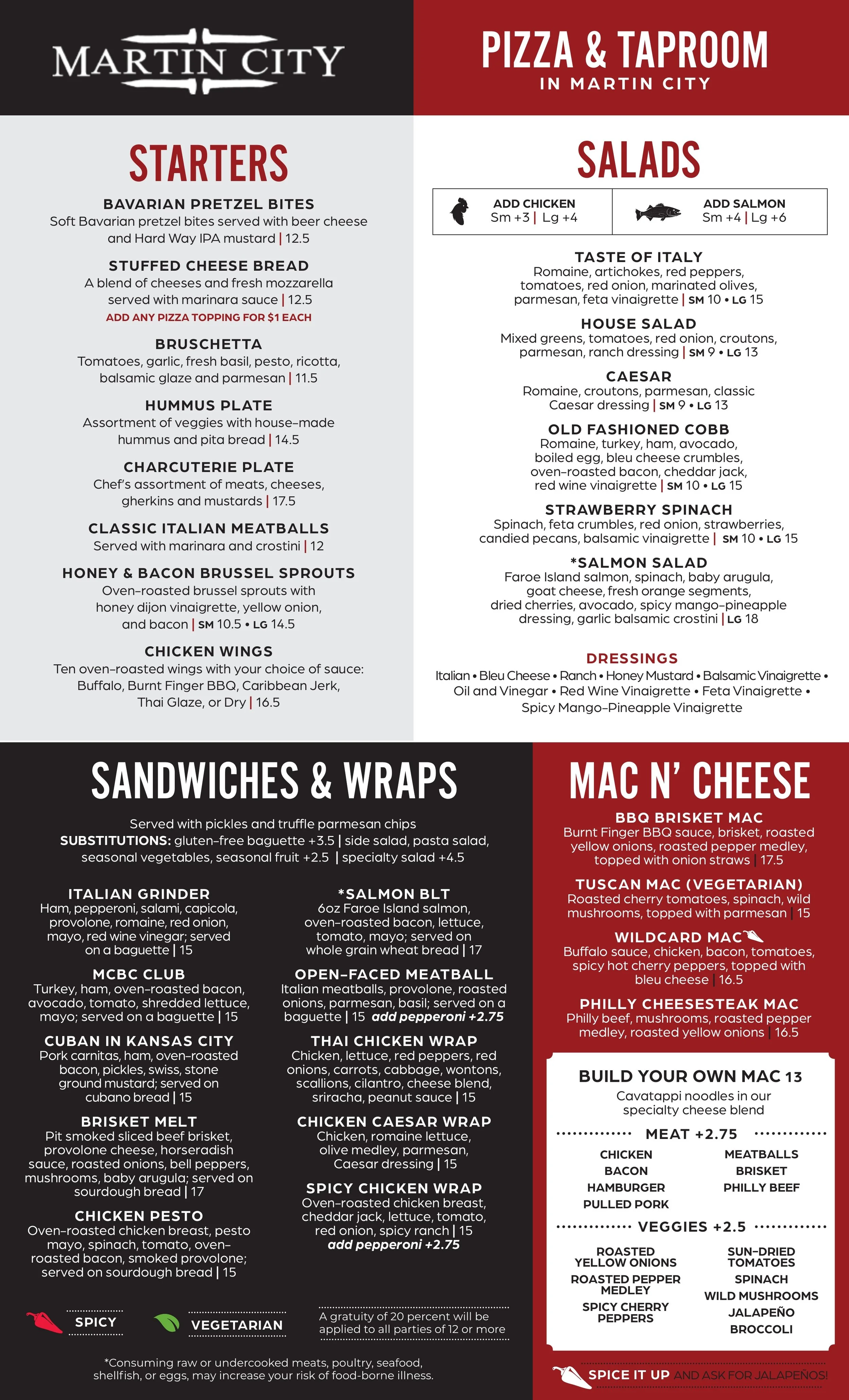 Martin City Pizza & Taproom menu featuring starters, salads, sandwiches, wraps, and mac and cheese with prices.