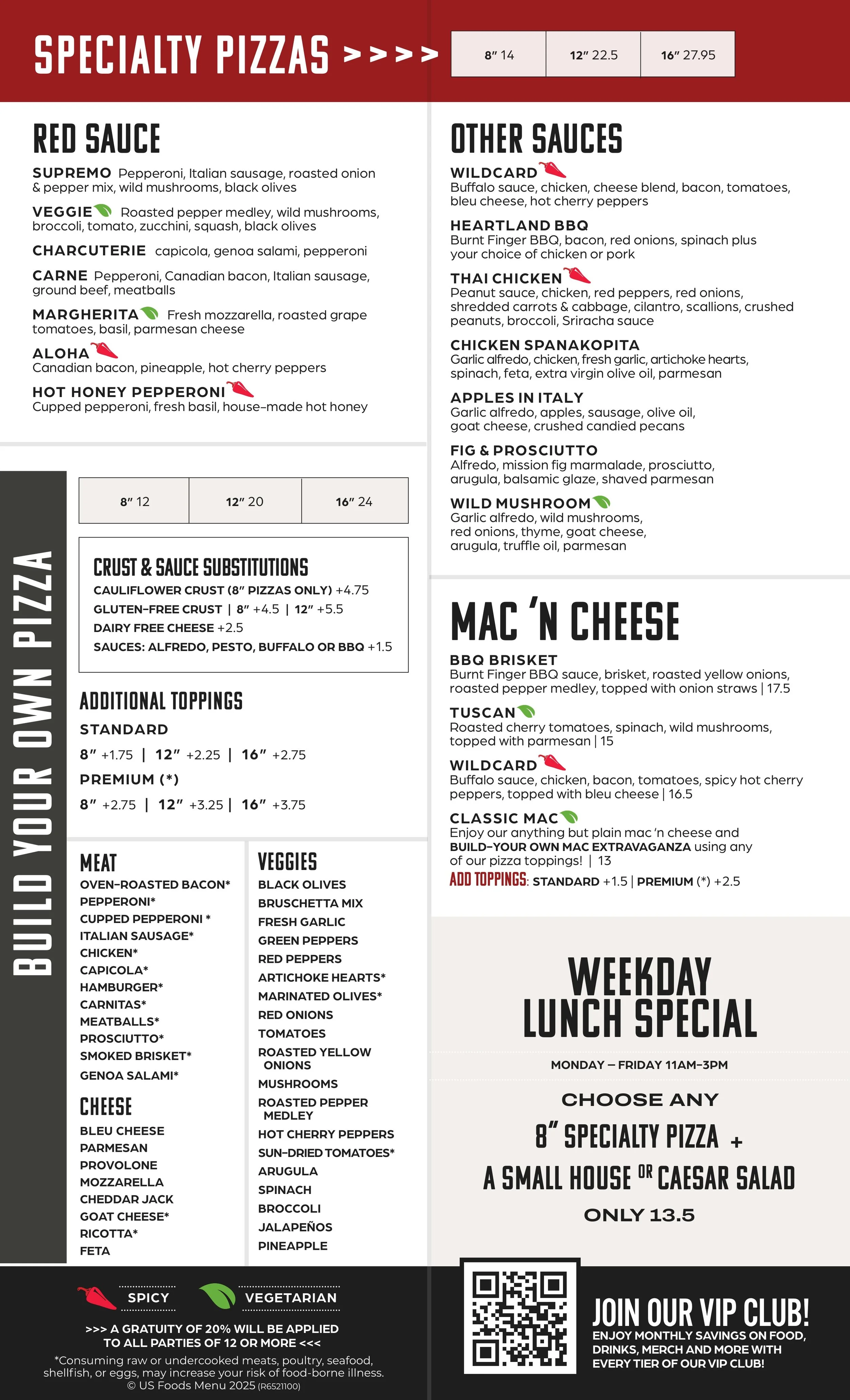 Martin City Pizza Tavern menu showing specialty pizzas, build-your-own pizza options, mac and cheese dishes, toppings, and lunch specials.