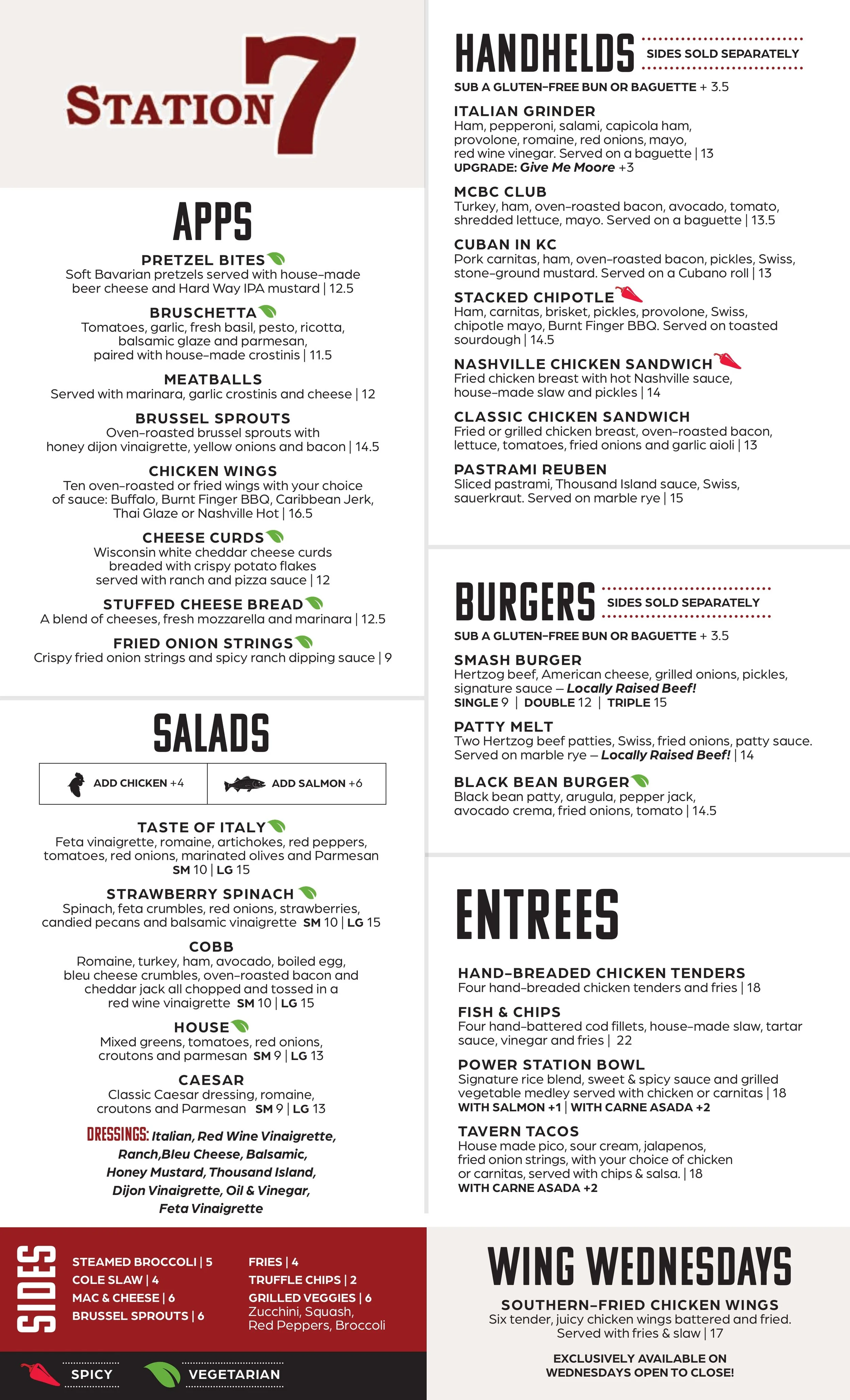 Station 7 Pizza menu featuring burgers, handheld sandwiches, salads, appetizers, entrées, and sides with prices.