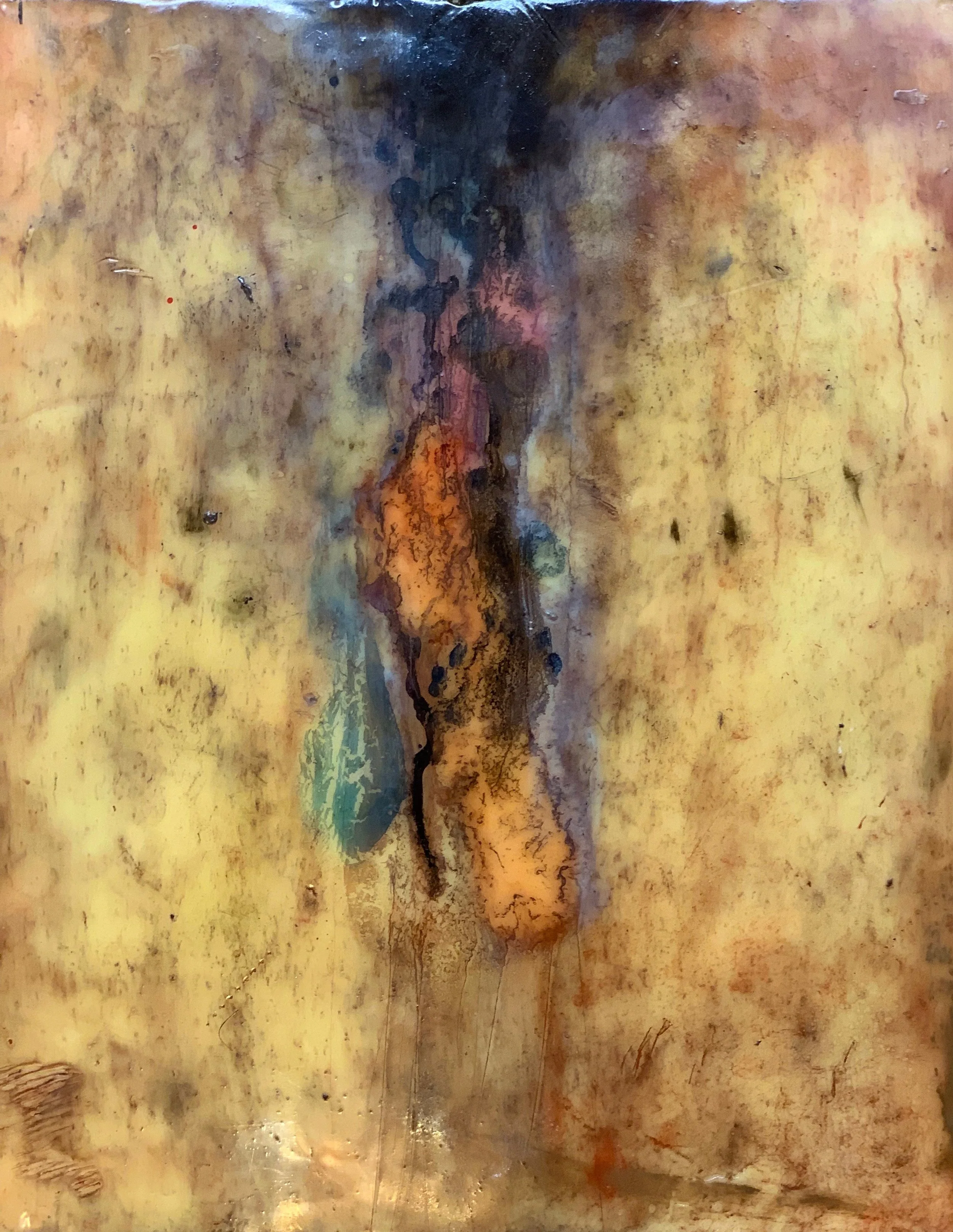 Encroach, 2019;
encaustic, oil, shellac, alcohol ink on board;
12.75” x 10.5”;
ENS-19-013;
$850