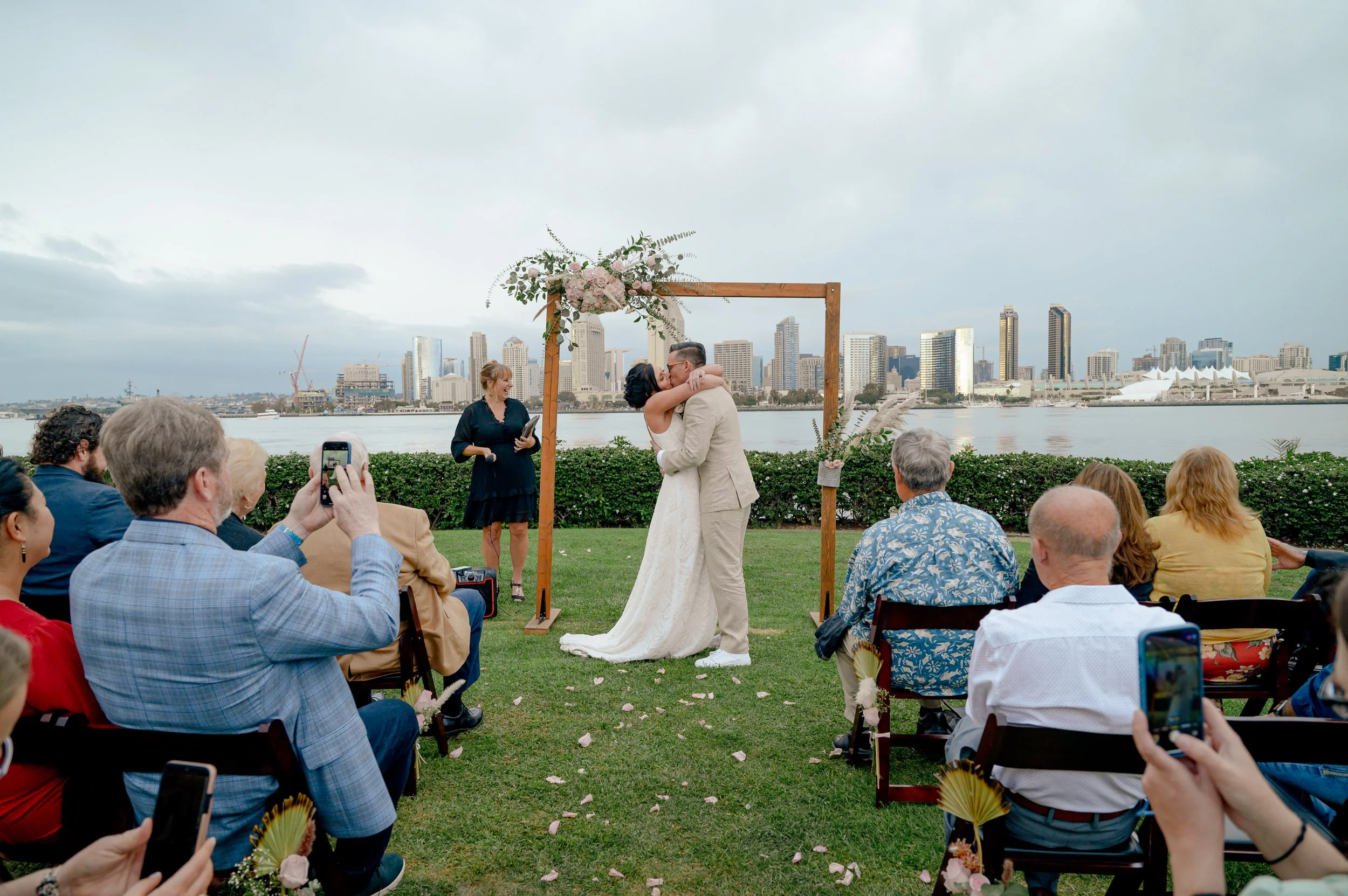 Coronado Island elopement — San Diego skyline at golden hour from Centennial Park