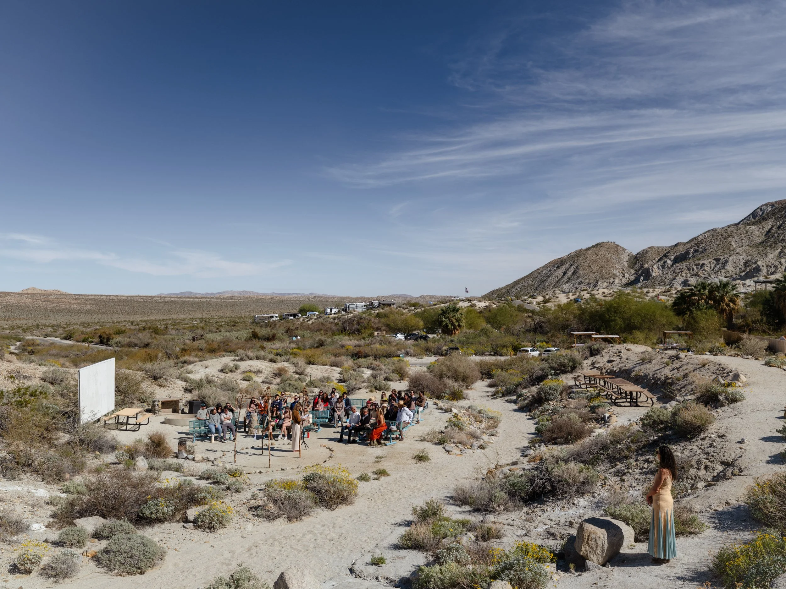 Anza Borrego Desert State Park - Destination Micro Wedding Overview of ceremony location with guests -Mariela Campbell Photography