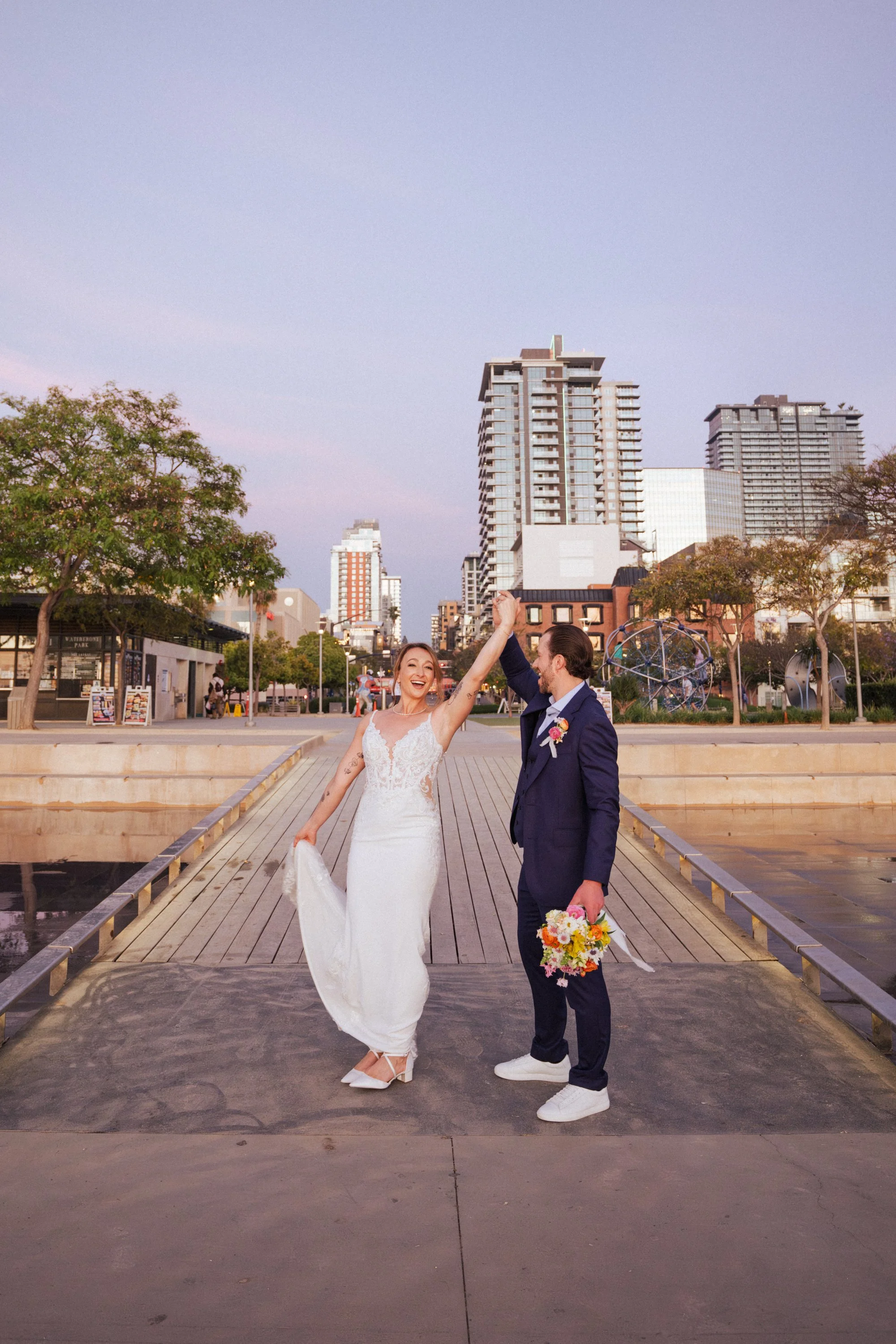 Elopement couple at the San Diego waterfront docks — Little Italy harbor portraits