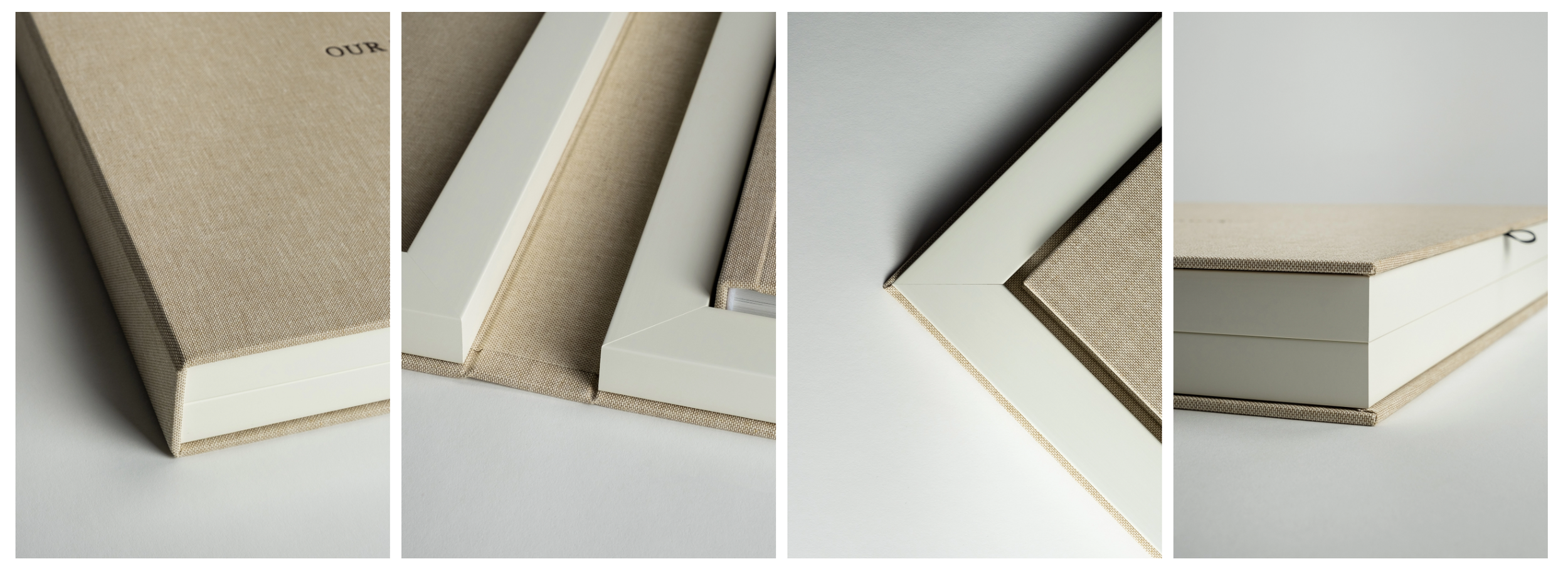 Series of four close-up images showing the corner and edges of a hardcover photo album or scrapbook with beige fabric cover and white pages.