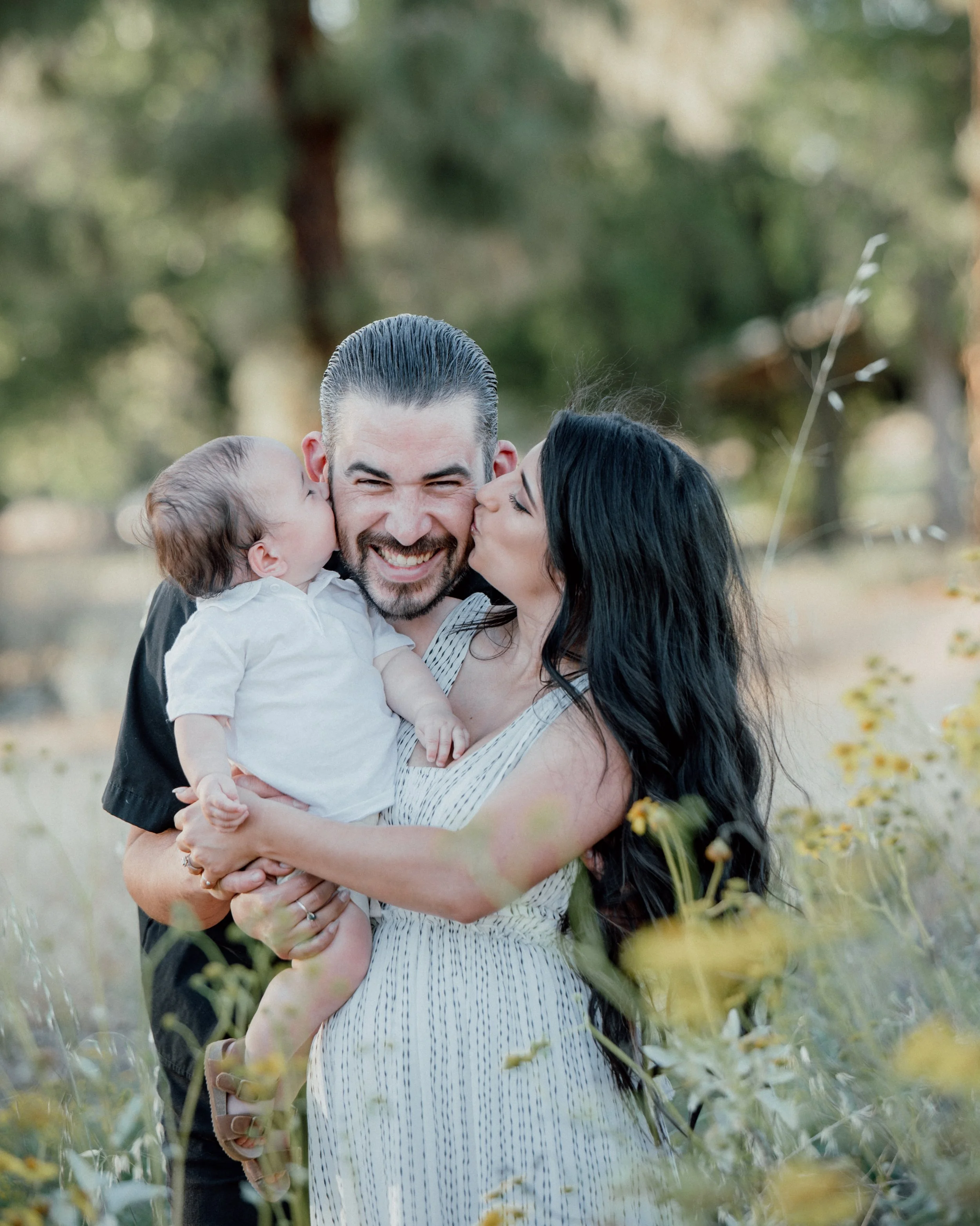 Lake Perris - Family of 3 portraits, wife and son kissing daddy on each cheek