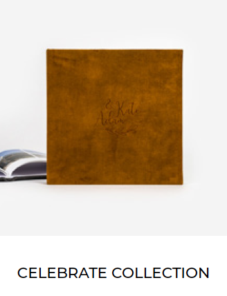 A brown leather-bound album titled 'Celebrate Collection' with an open book partially visible on the left side.