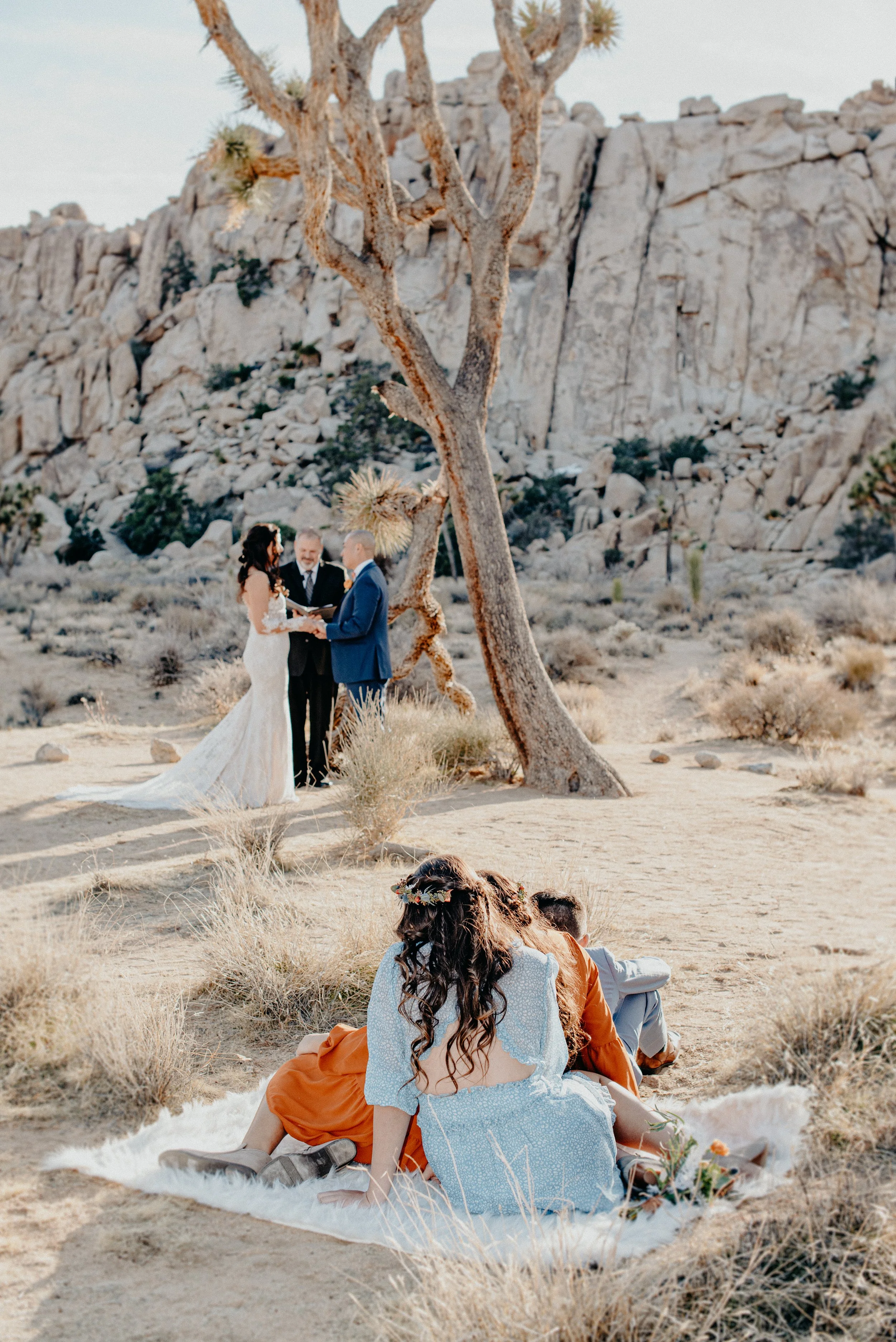 A couple getting married in the desert, with a person officiating, under a tree and rocky mountains in the background. Two guests are seated on a blanket in the foreground.