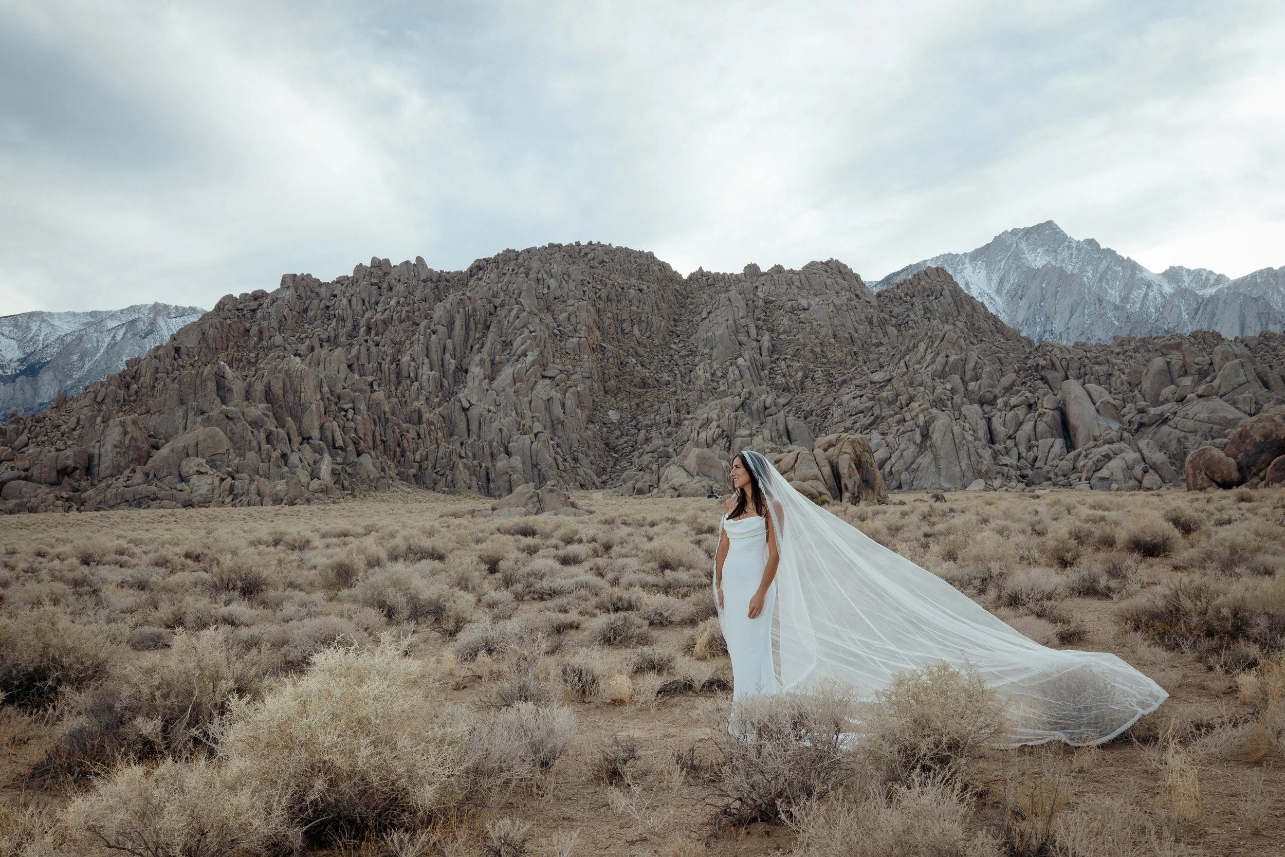 A woman in a white wedding dress with a long veil standing in a desert landscape with rocky mountains in the background.