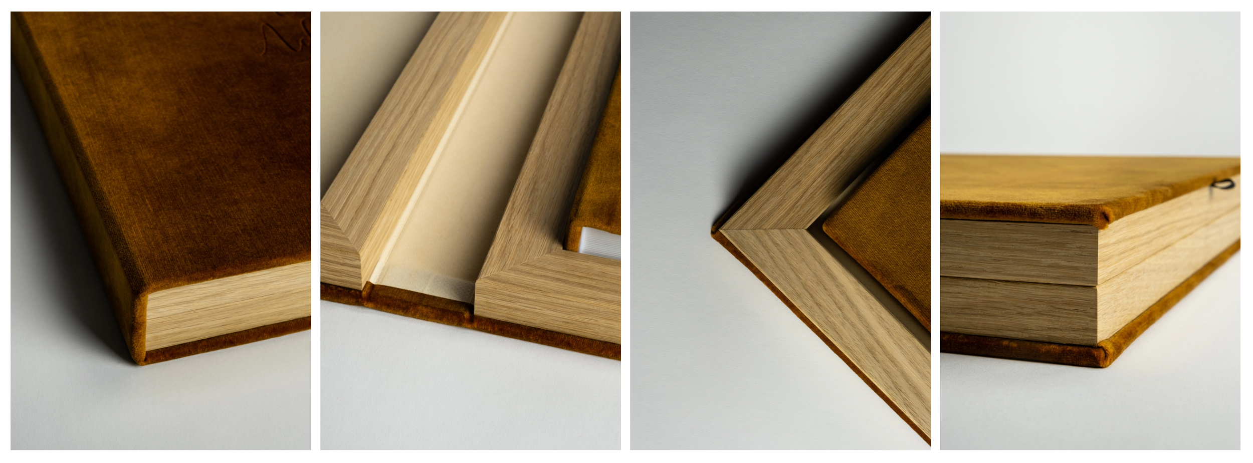Close-up of a wooden book cover with a brown fabric edge and detailed angles of the book's binding and pages.