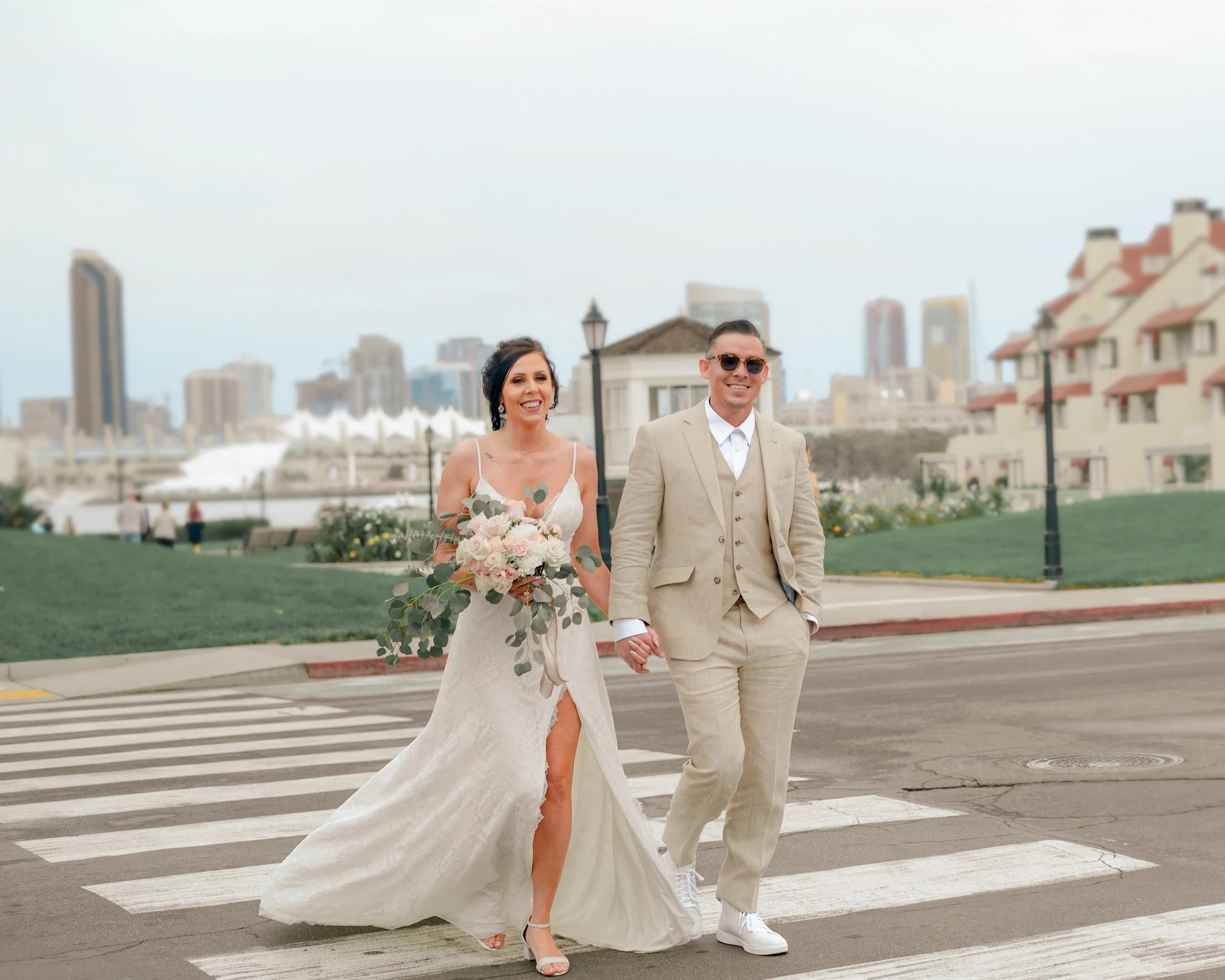 Coronado Island elopement — San Diego skyline at golden hour from Centennial Park