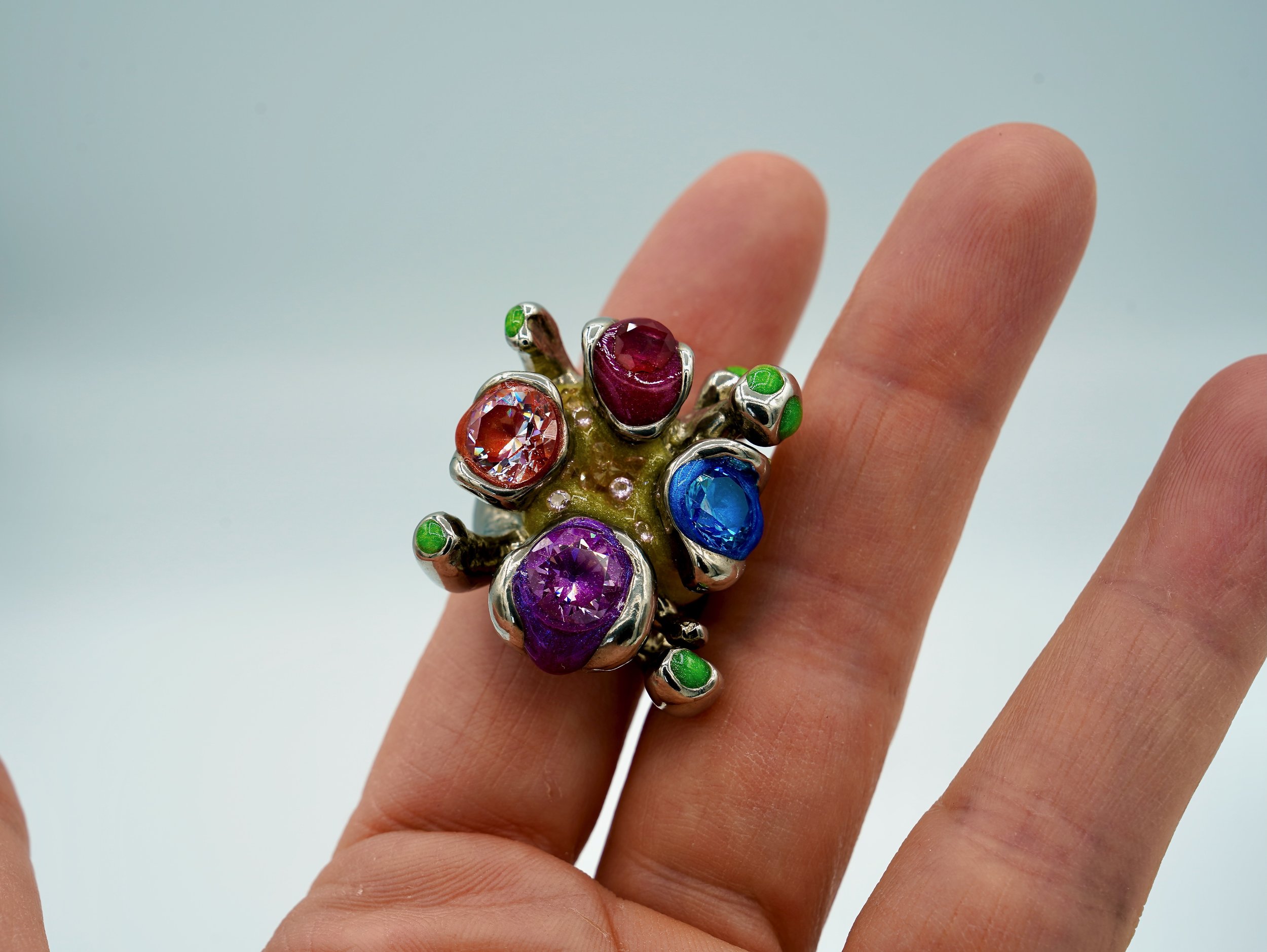 Colorful Coral Statement Ring in White Brass with Cold Enamel and Cubic Zirconia.