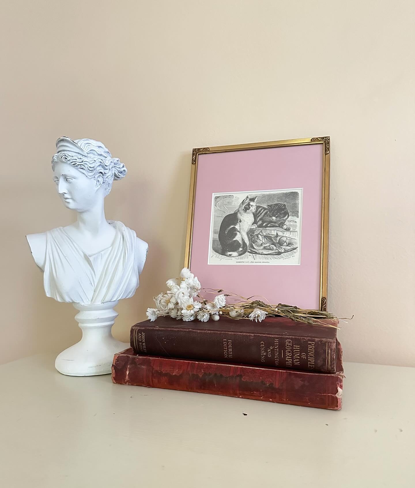 Drop 2 is coming TOMORROW at 8pm featuring: 

Les Chats, an 1885 lithograph of 3 domestic cats with pink matting in a lovely golden frame 🐈&zwj;⬛

Cymbeline, an 1866 lithograph featuring a romantic scene from a Shakespeare play paired with dusty blu