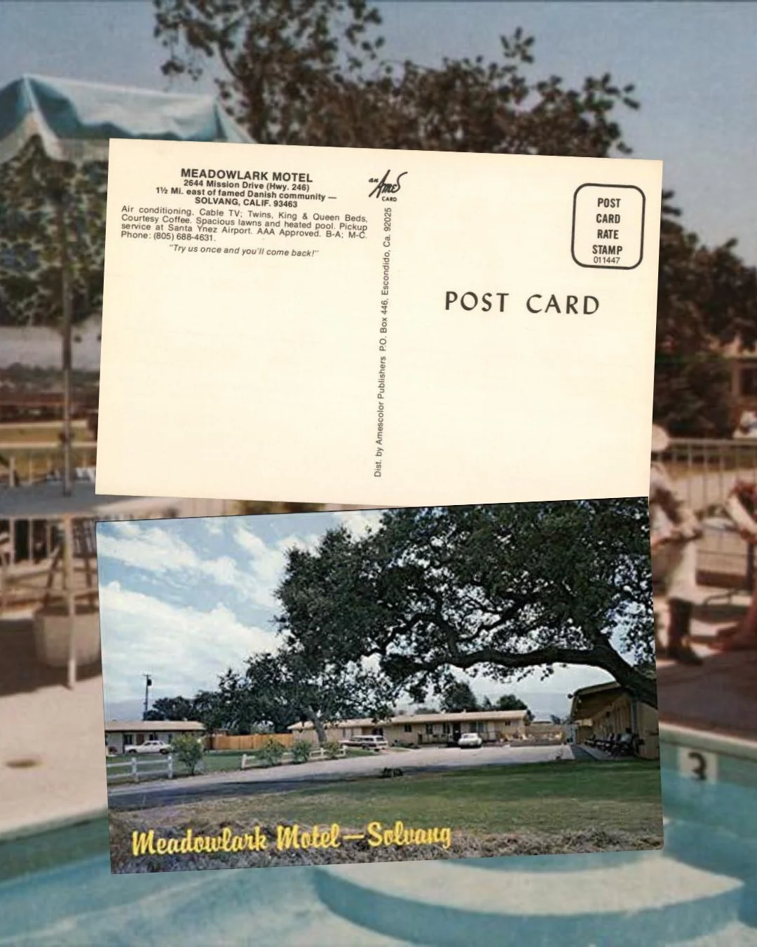 Then, Meadowlark Motel: "Try us once and you&rsquo;ll come back! Air conditioning. Cable TV. Twins, King, &amp; Queen beds. Courtesy coffee. Spacious lawns and heated pool.&rdquo; ⁠
⁠
Now, Hotel Ynez: "A perfect retreat. Twenty-two rooms si