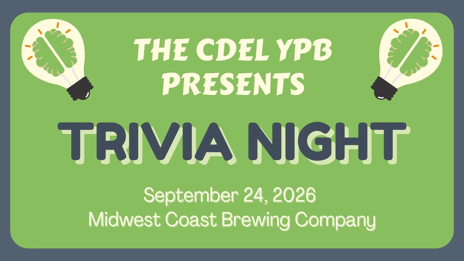 Graphic advertising CDEL YPB's Trivia Night on September 24, 2026 at Midwest Coast Brewing Company