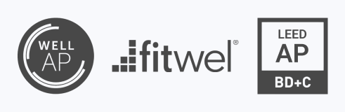 logos for WELL AP, fitwel, and LEED AP