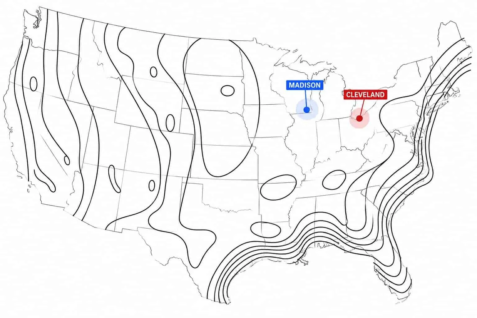 USA map showing wind design zones for madison and cleveland