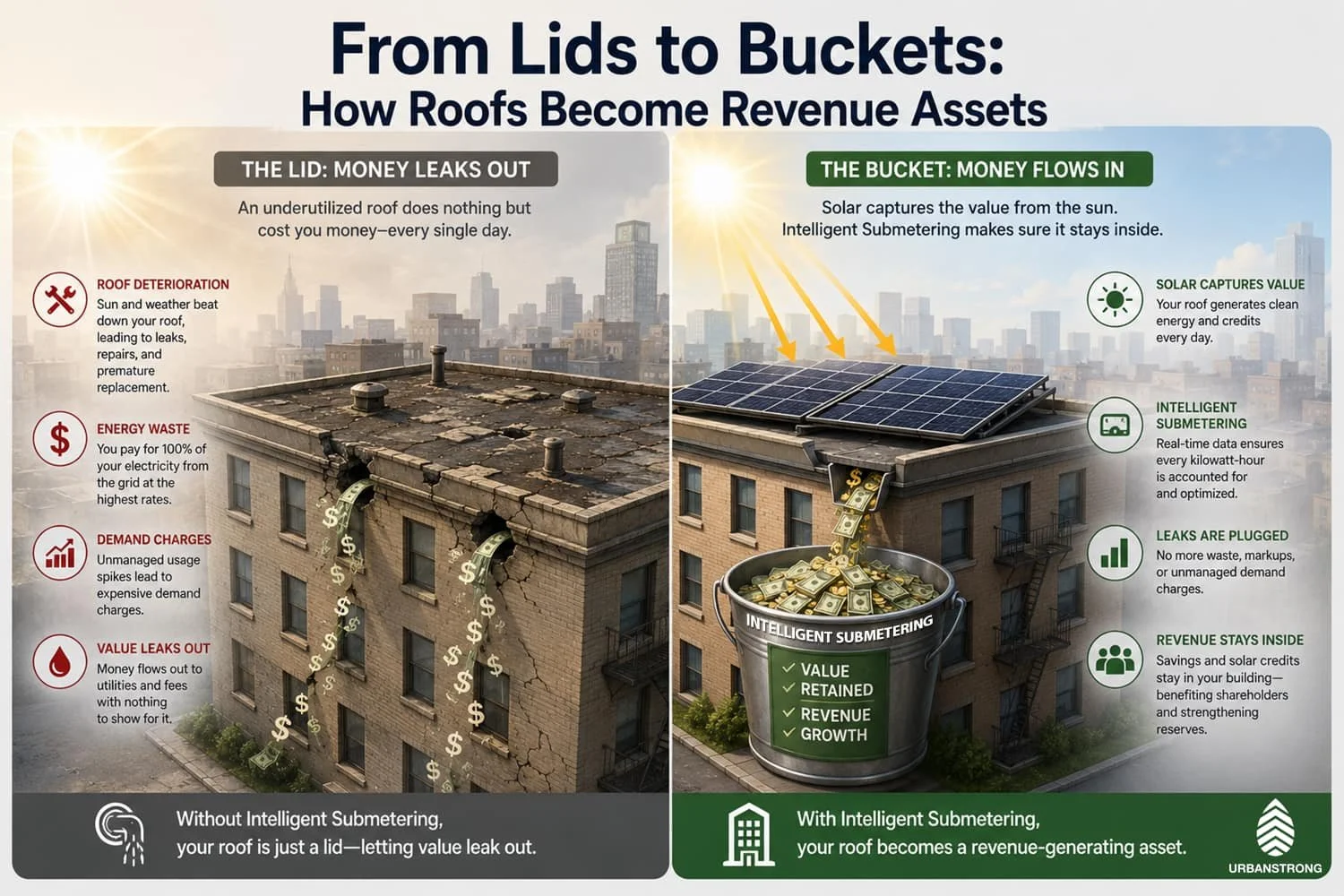 Side-by-side infographic comparing a traditional roof that loses money versus a rooftop solar and Intelligent Submetering system generating revenue for a NYC multifamily building.