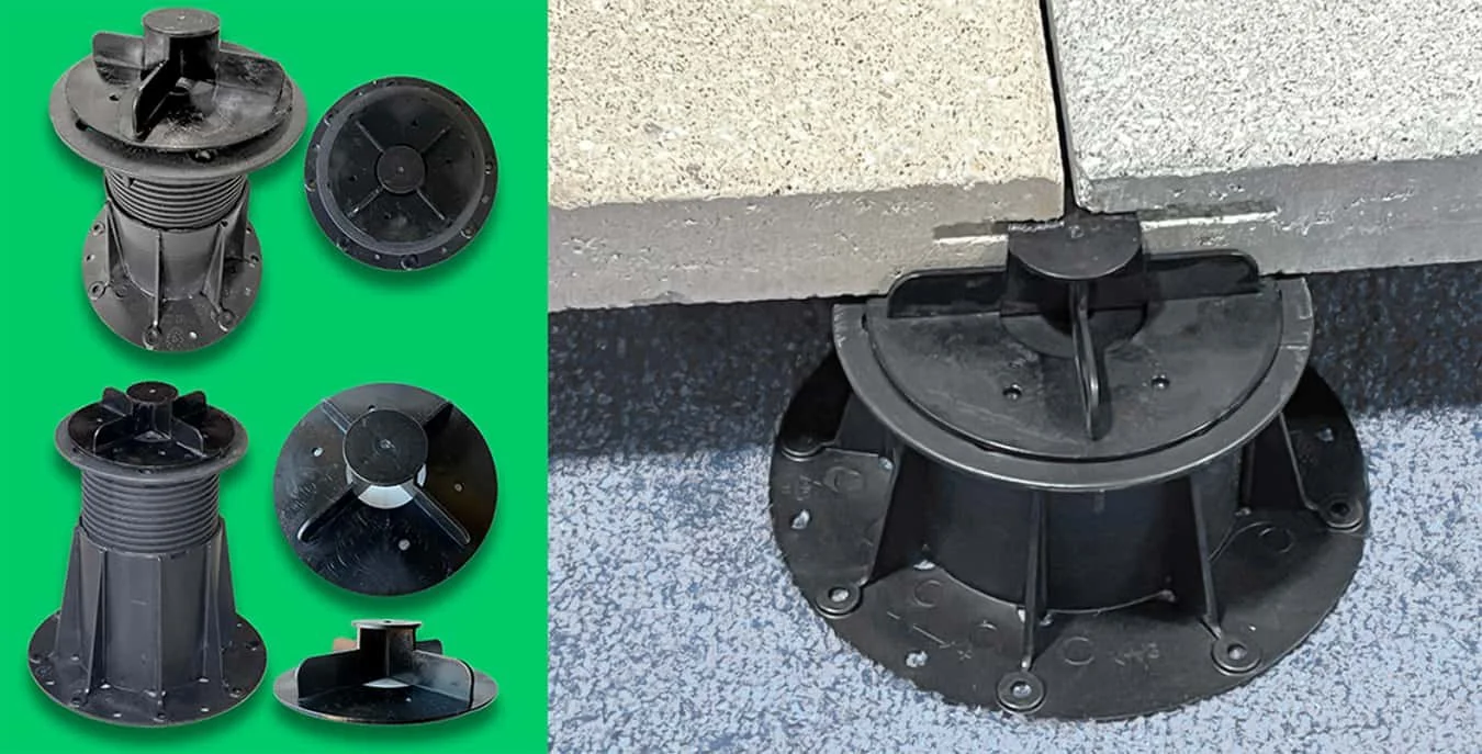 Concealed wind uplift paver pedestal assembly showing factory kerf cut paver connection for rooftop pavers on pedestals.