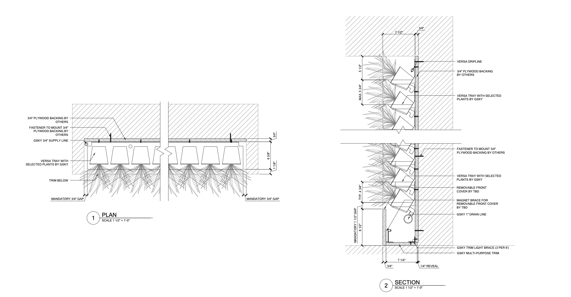 Technical drawing showing plan and section views of a plastic potted living wall system with irrigation and mounting components