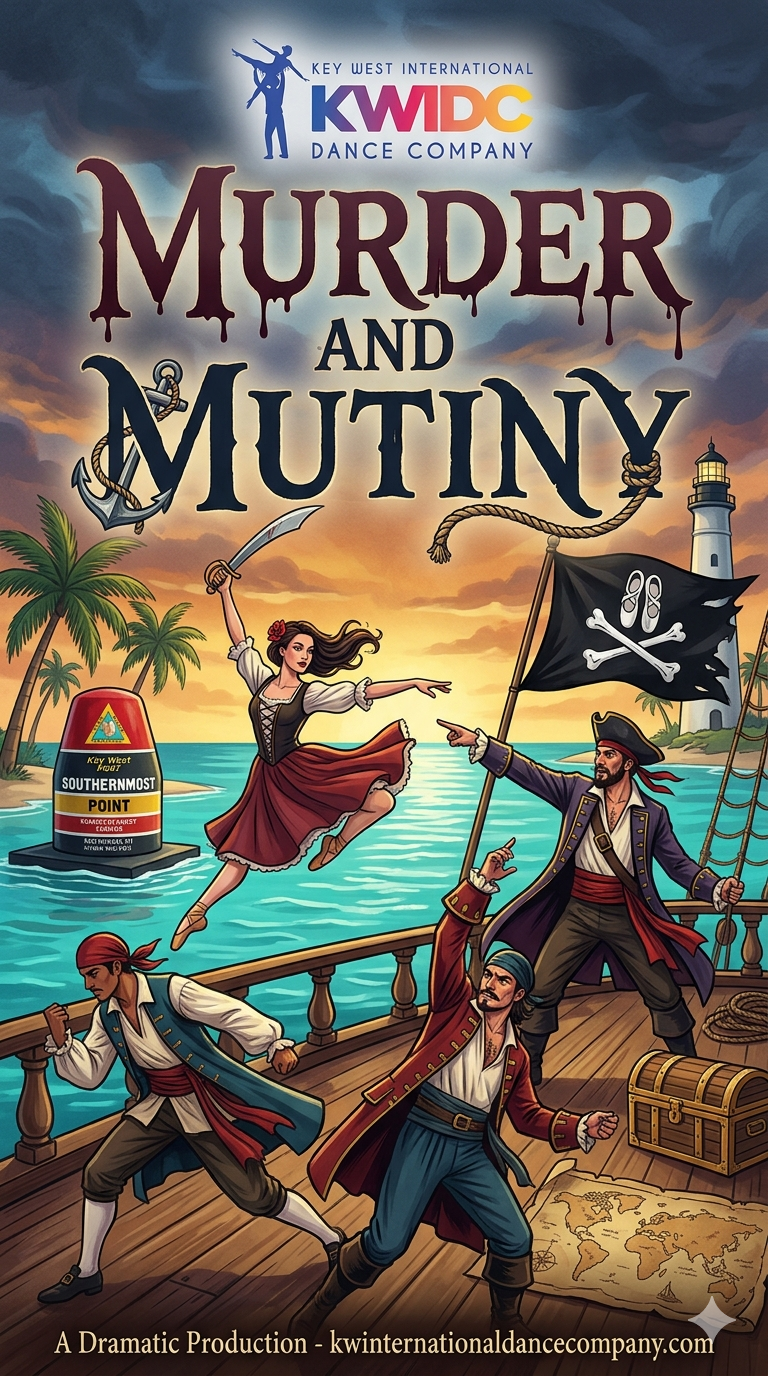 A theatrical poster titled "Murder and Mutiny" for Key West International KWIDC Dance Company, depicting pirates fighting on a ship with pirates, a mermaid, an anchor, a lighthouse, palm trees, a treasure chest, and a map.