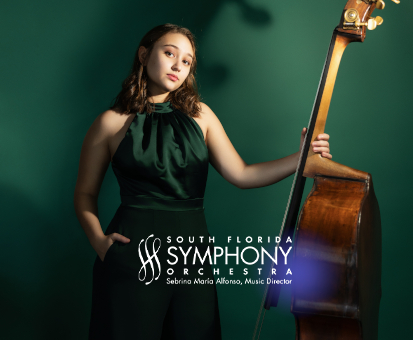 Young woman in a dark green dress holding a double bass against a green background.