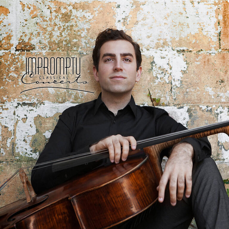A young man with dark hair and a black shirt sitting against a textured, weathered wall, holding a cello in his lap, with the text "Impromptu Classical Concerts" overlayed on the image.