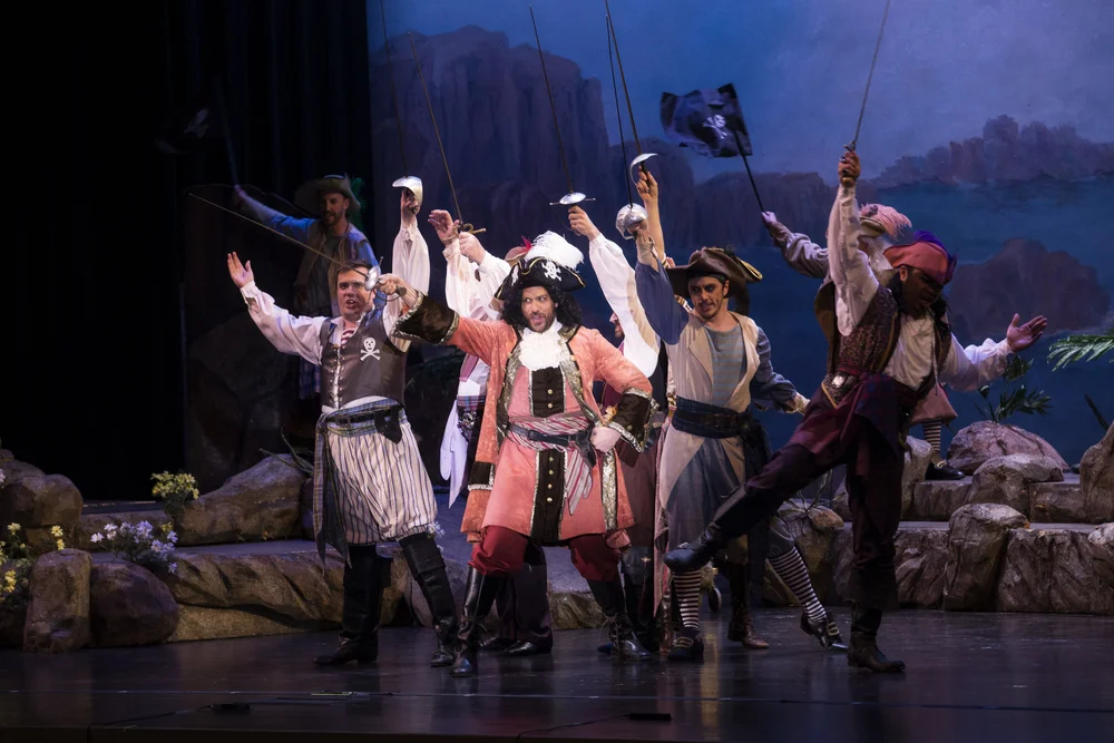Theatrical performance of actors dressed as pirates on stage with backdrop and props, portraying a pirate scene.