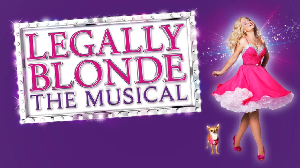 Promotional poster for Legally Blonde: The Musical featuring a woman in a pink dress and a small dog against a purple background.