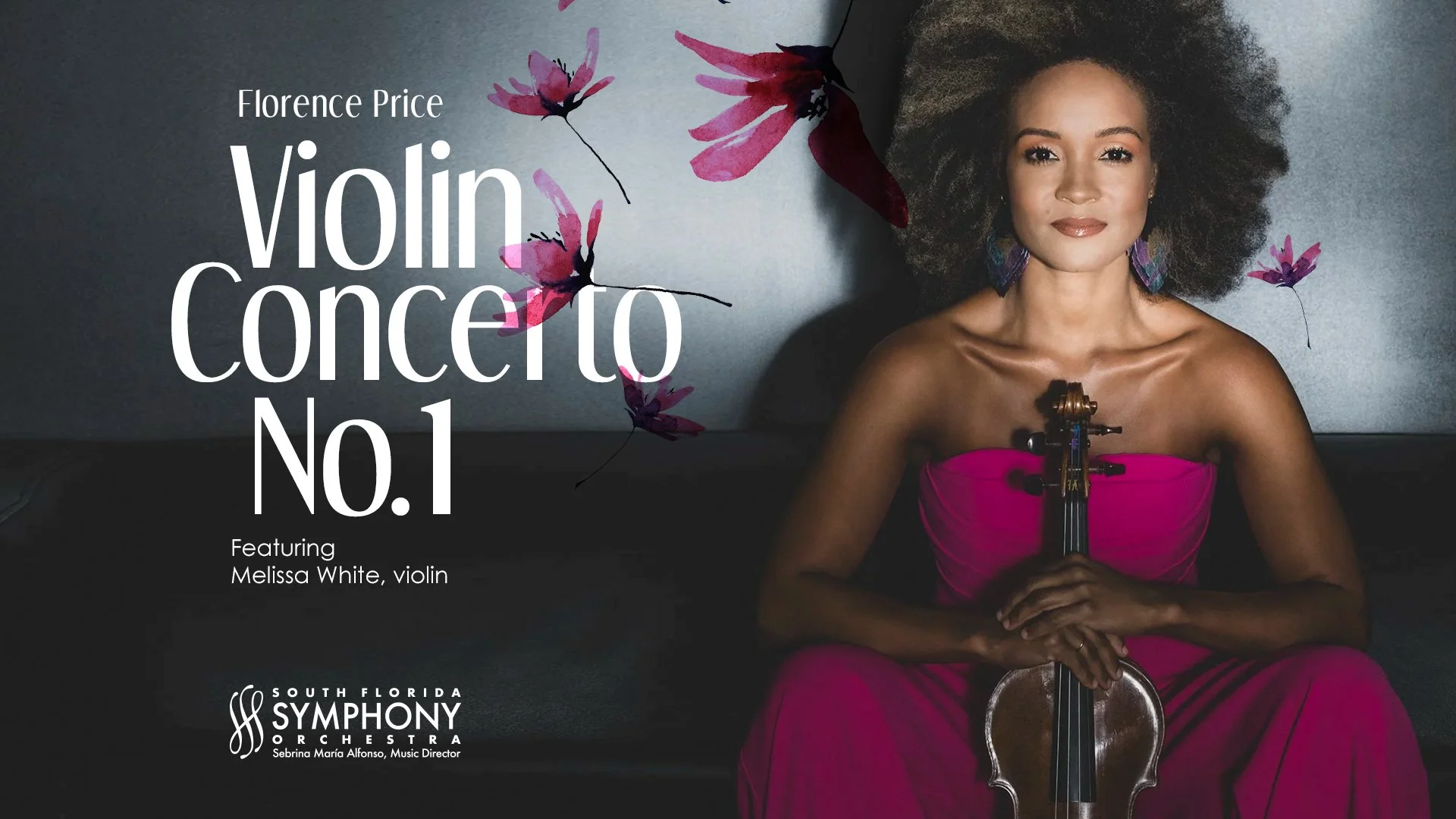 A woman with curly hair wearing a bright pink dress and colorful earrings, holding a violin and bow, smiling at the camera. The background is a simple gray wall, and there is text overlay promoting the South Florida Symphony Orchestra with Sebrina Maria Alfonso as music director.