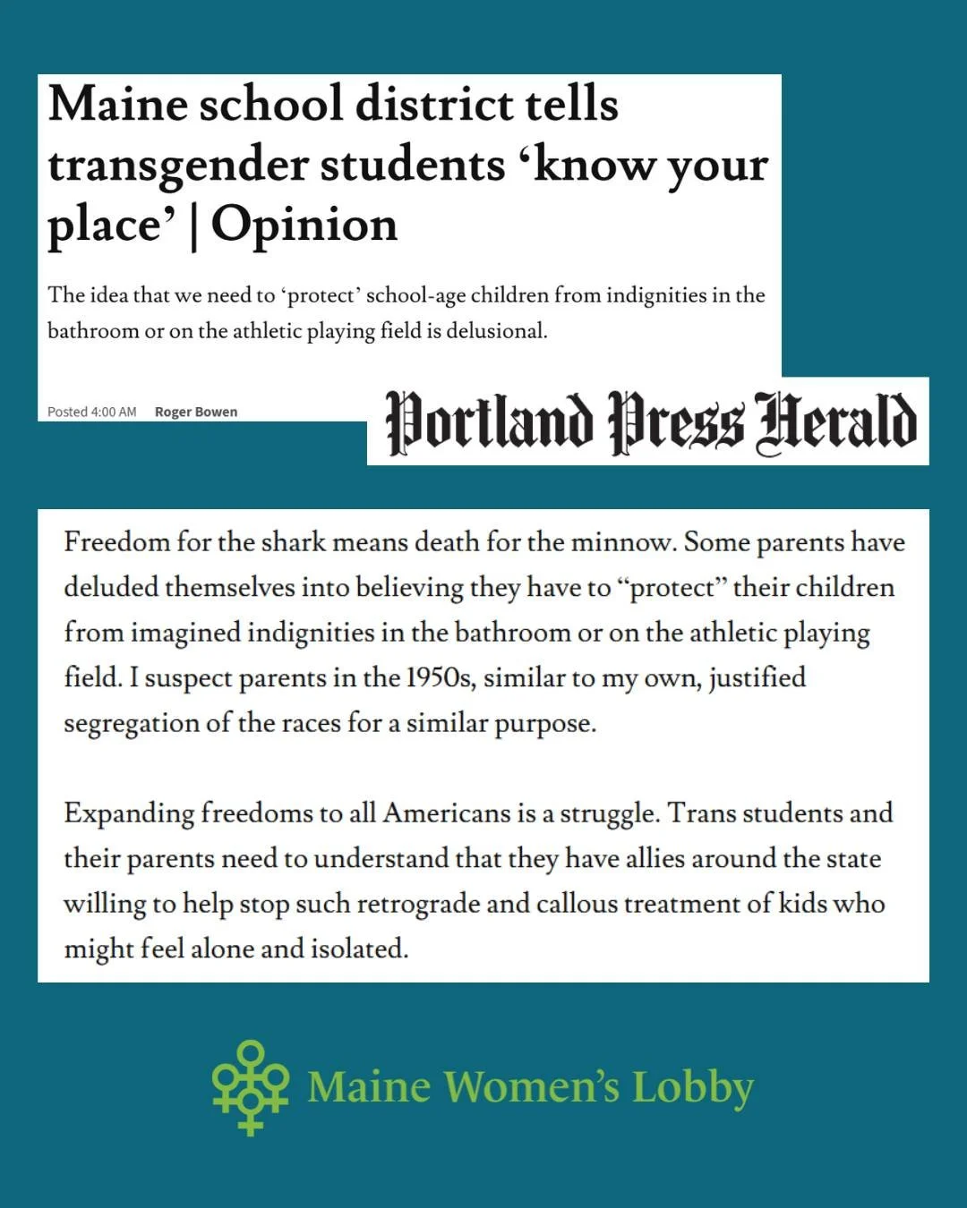 This opinion piece that ran in the Portland Press Herald a few days ago notes the disturbing similarities between the rhetoric used by racists in the 1950s in the wake of the Brown v. Board of Education Supreme Court ruling, and that used today by th
