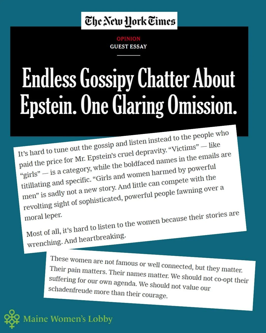 Congress voted this week to release the Epstein files. Amid the speculation about &quot;who is in there&quot; and other tabloid fodder, the real story - the years of abuse and exploitation of girls and women - often remains hidden.

The Epstein files