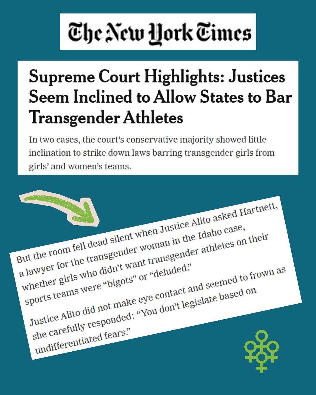 Oral arguments were heard today in two Supreme Court cases that could decide whether or not states are allowed to bar transgender girls from playing on girls' and women's teams. While we await the court's ruling, we are struck by this reported exchan
