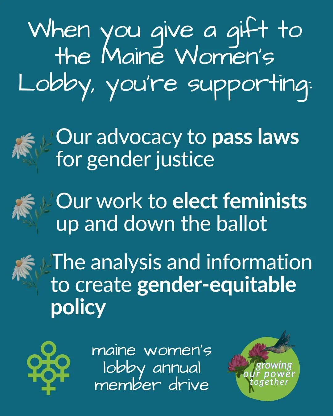 Your support allows us to do our work to help pass laws for gender justice and build a feminist movement in Maine. By giving a gift, you're making a direct positive impact on making sure Maine has laws and policies that protect gender equity and the 