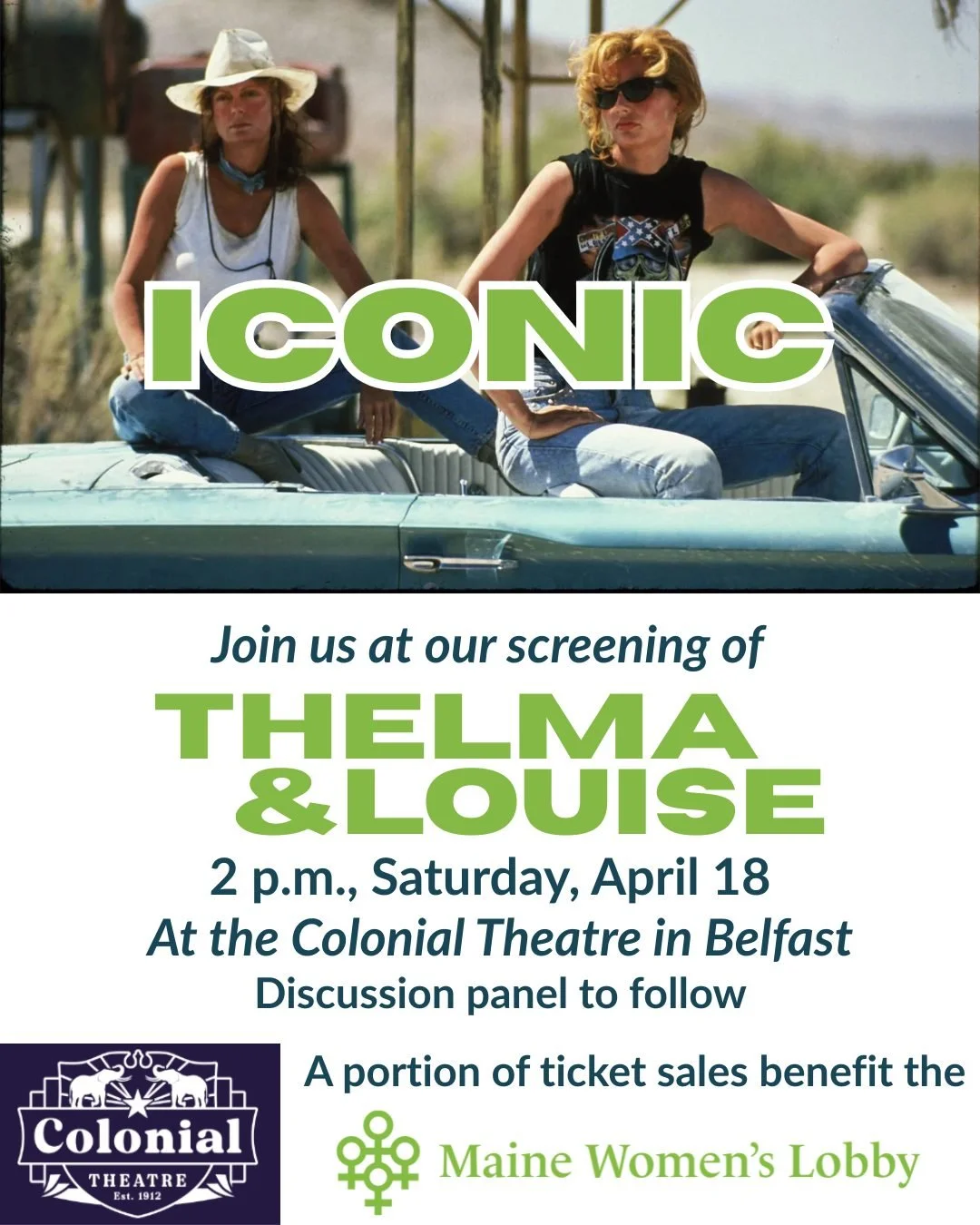 Thelma: Louise, no matter what happens, I'm glad I came with you.

Join us for a special screening of the iconic feminist classic "Thelma &amp; Louise" at 2 p.m. on Saturday, April 18 at the @colonialtheatre in Belfast! It's a movie that ne
