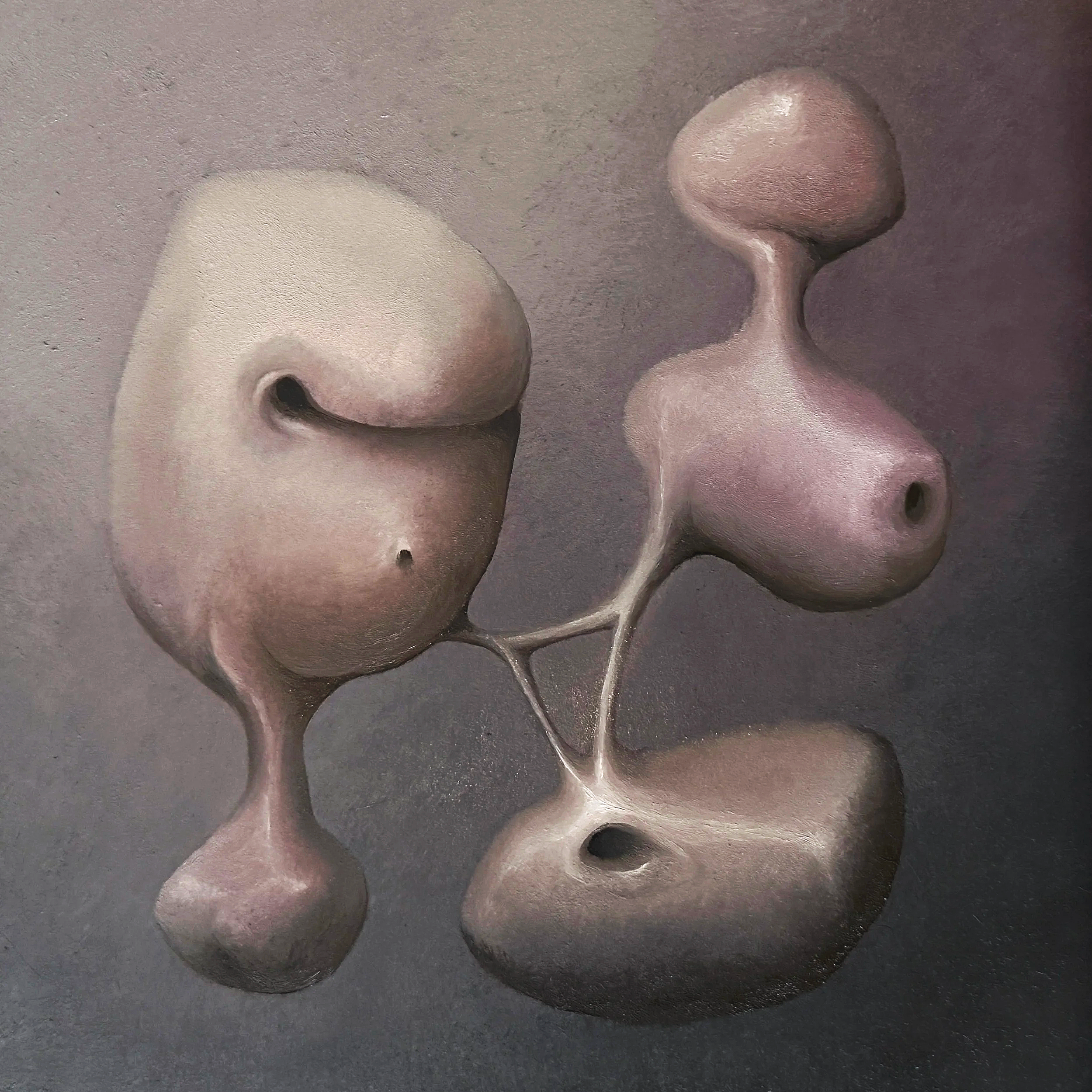 Oil painting of surreal biomorphic shapes.