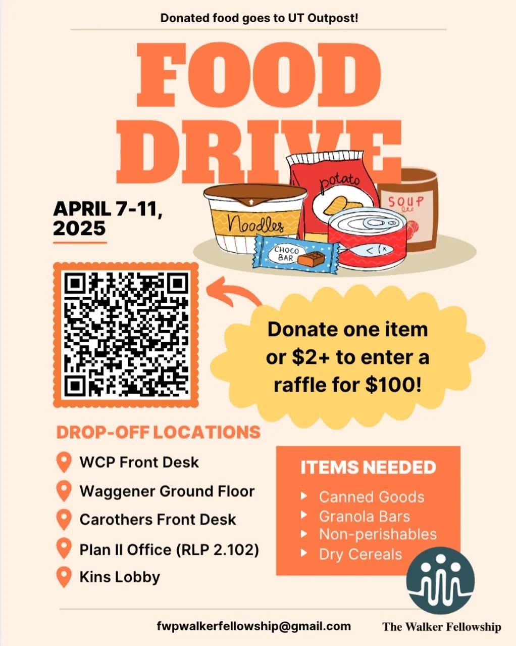 Hello everyone! The Food Waste Prevention Cohort (newest cohort from Fall &lsquo;24!) is hosting a food drive for UT Outpost this week! Please support this amazing cause by donating and share this post with others!