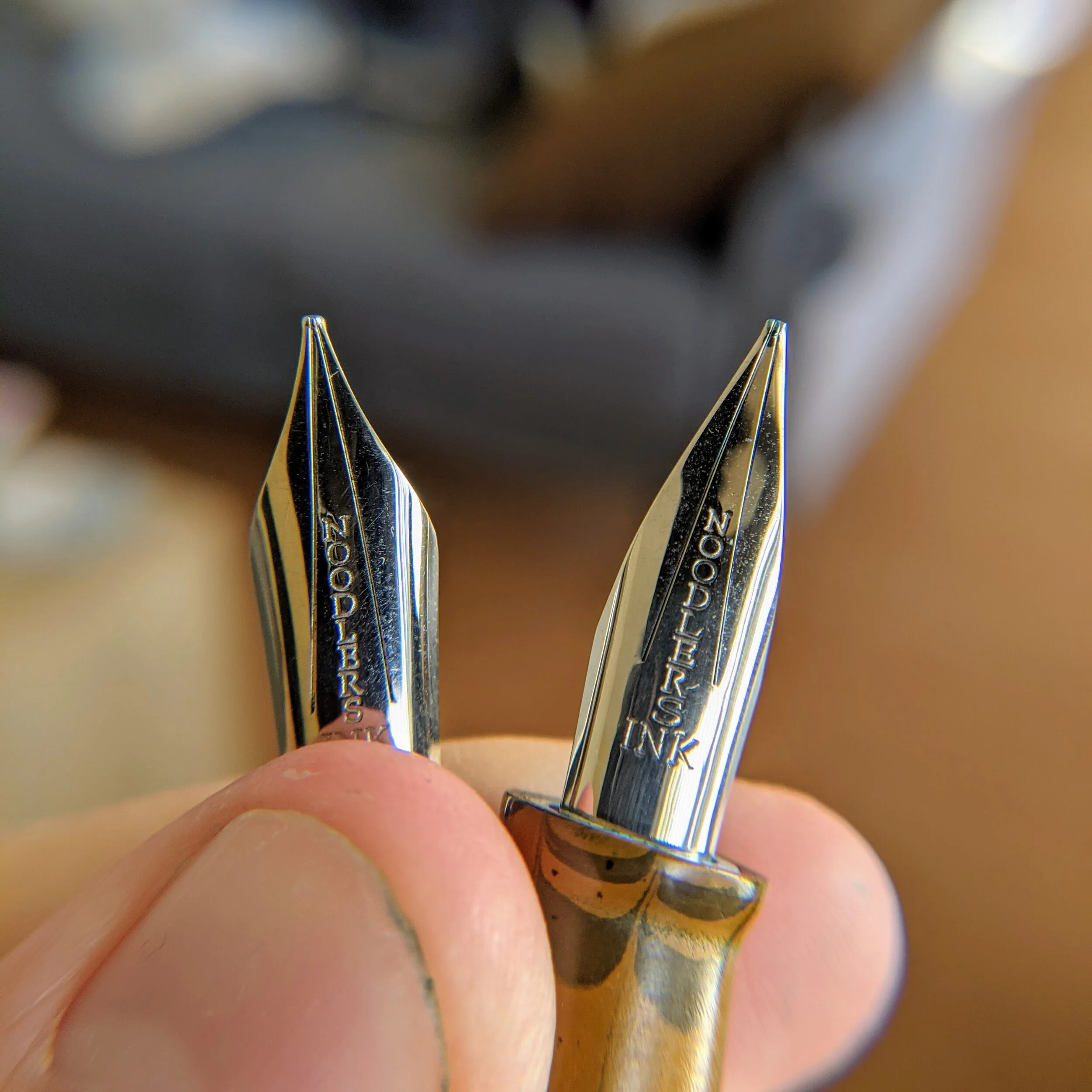 Two Noodler’s music nibs, one from a Triple Tail and one from a Neponset. The smaller shoulders of the Triple Tail nib makes it a much softer nib.