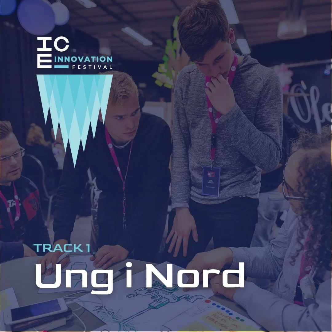 Markedsføringsbilde for ICE Innovation Festival track 1 Ung i Nord, men 4 unge menn som jobber sammen i gruppe i bakgrunnen.