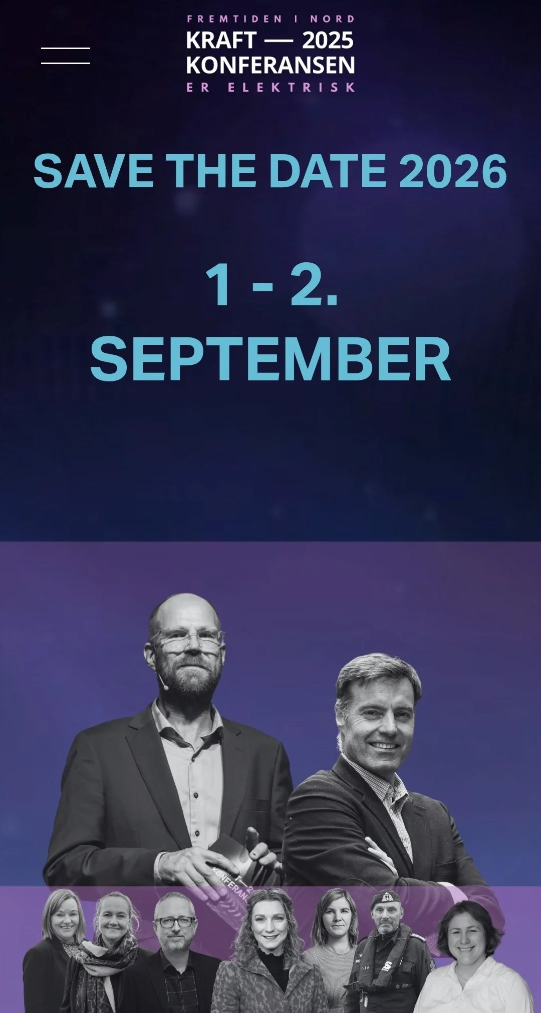 Promografikk for Kraftkonferansen med teksten ‘Save the date 1.–2. september 2026’, samt illustrasjonsbilder av konferansedeltakere
