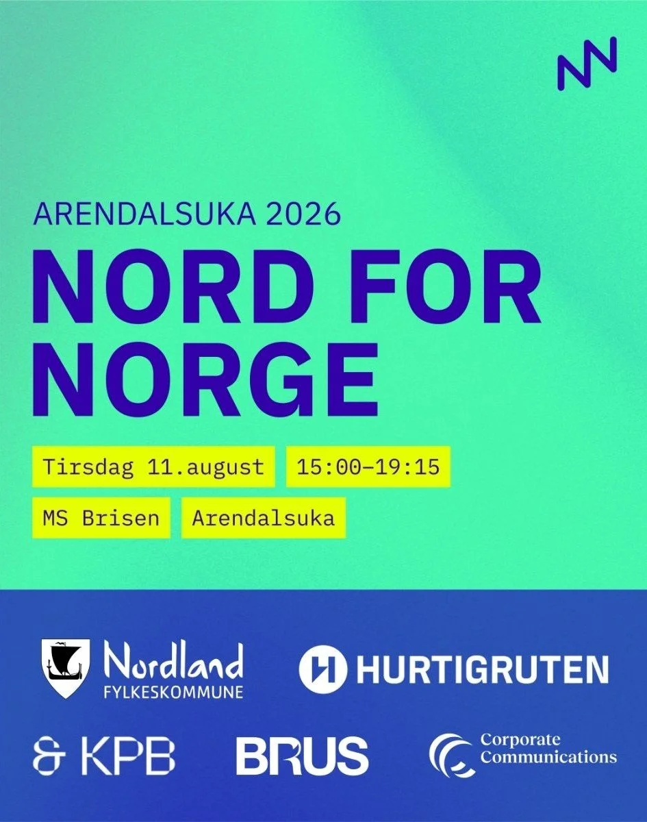 Arrangementsgrafikk med teksten «Arendalsuka 2026 – Nord for Norge». Dato: tirsdag 11. august. Tid: 15.00–19.15. Sted: MS Brisen. Nederst vises logoene til Nordland fylkeskommune, Hurtigruten, KPB, Brus og Corporate Communications.