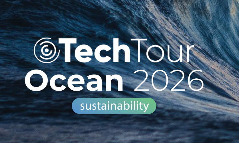 Grafisk forsidebilde med mørkeblå havbølge i bevegelse og teksten «Tech Tour Ocean 2026», med en grønn etikett med ordet «sustainability»