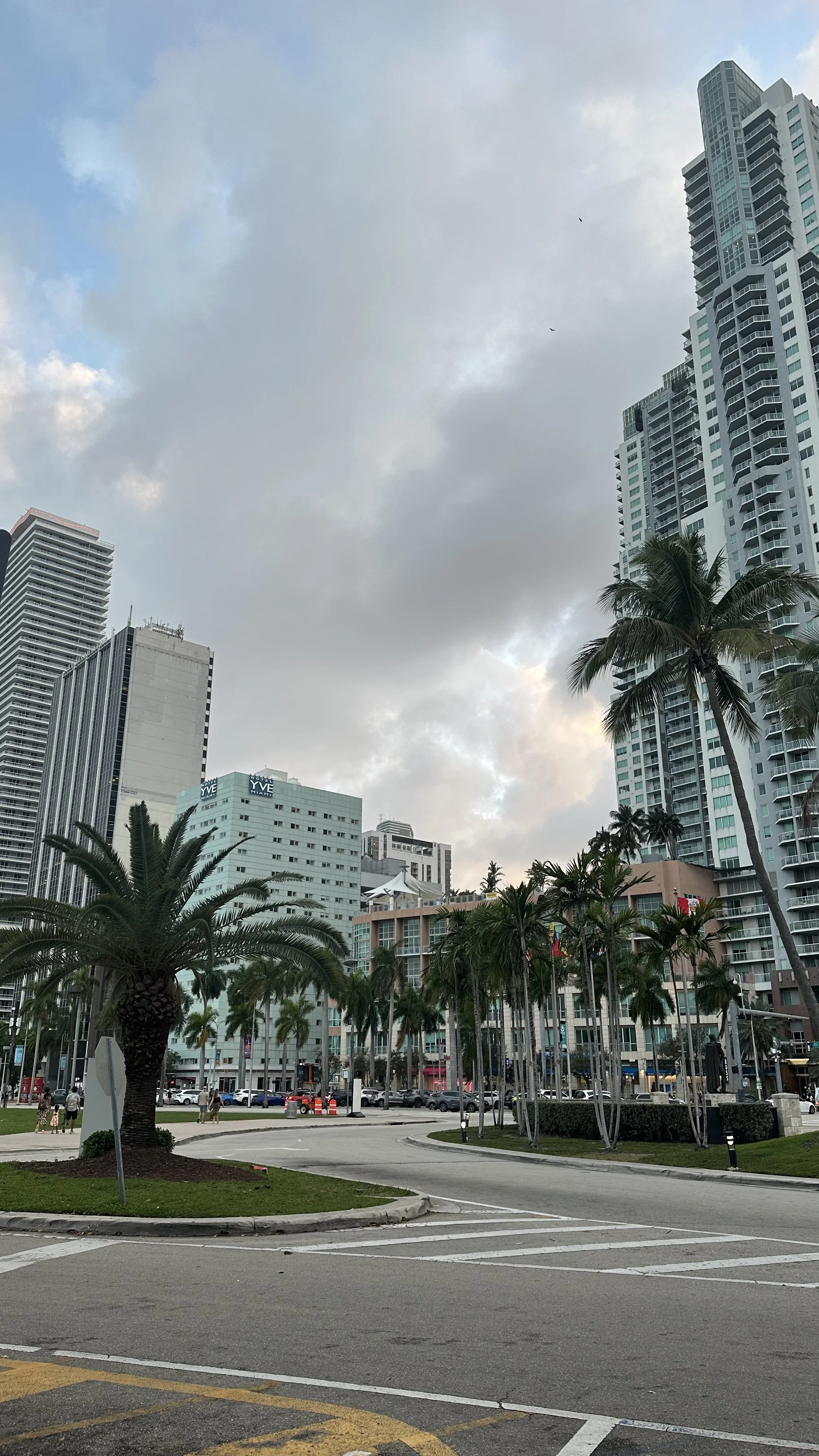 Bylandskap i Miami med høye moderne skyskrapere, palmer og et åpent byrom under en overskyet himmel